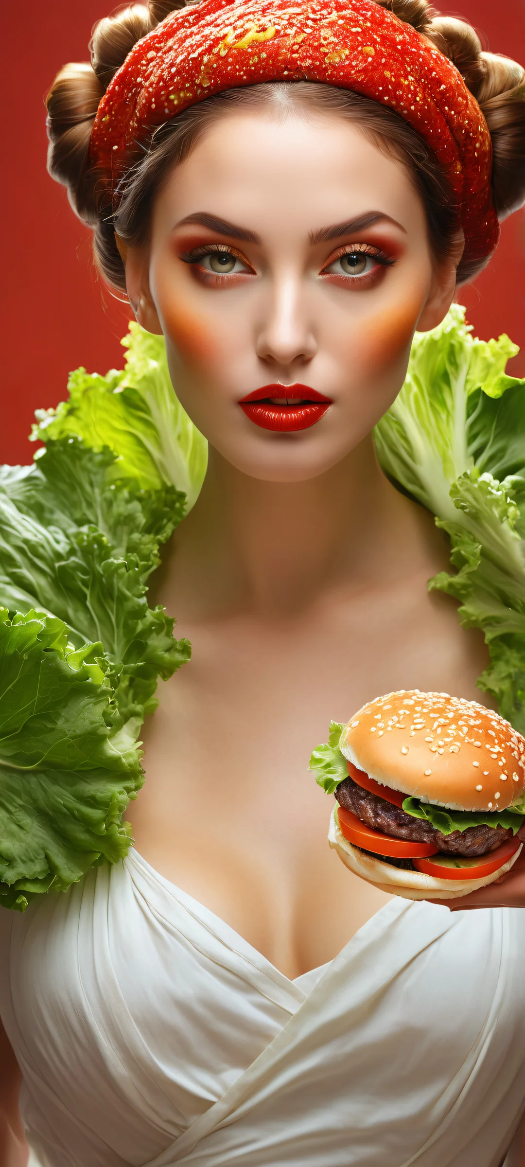 A sumptuous hamburger woman on a pure white background, perfectly rendered for iPhone/Android home screens.