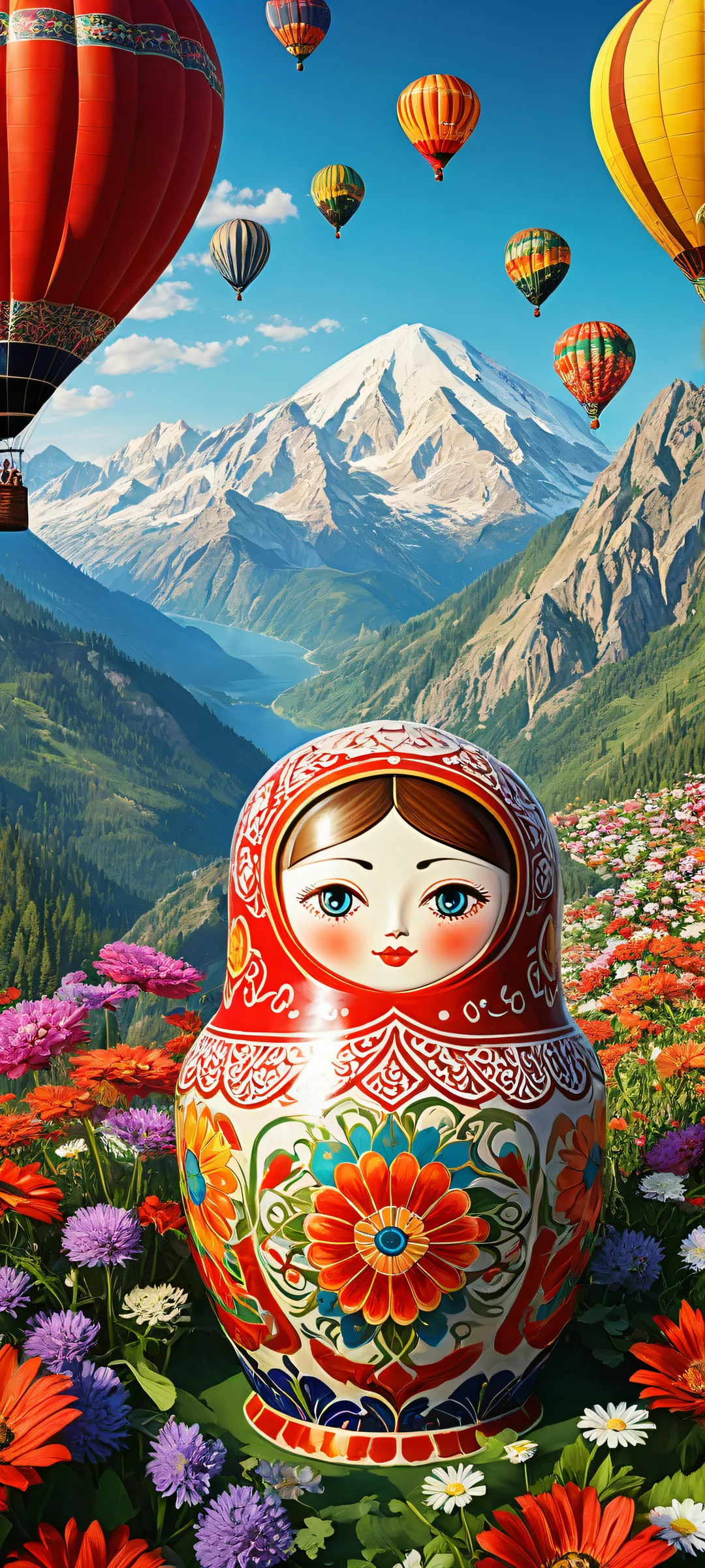 A serene iPhone/Android wallpaper featuring Matryoshka dolls and majestic mountains with colorful flowers, showcasing award-winning digital art and stunning visual impact.