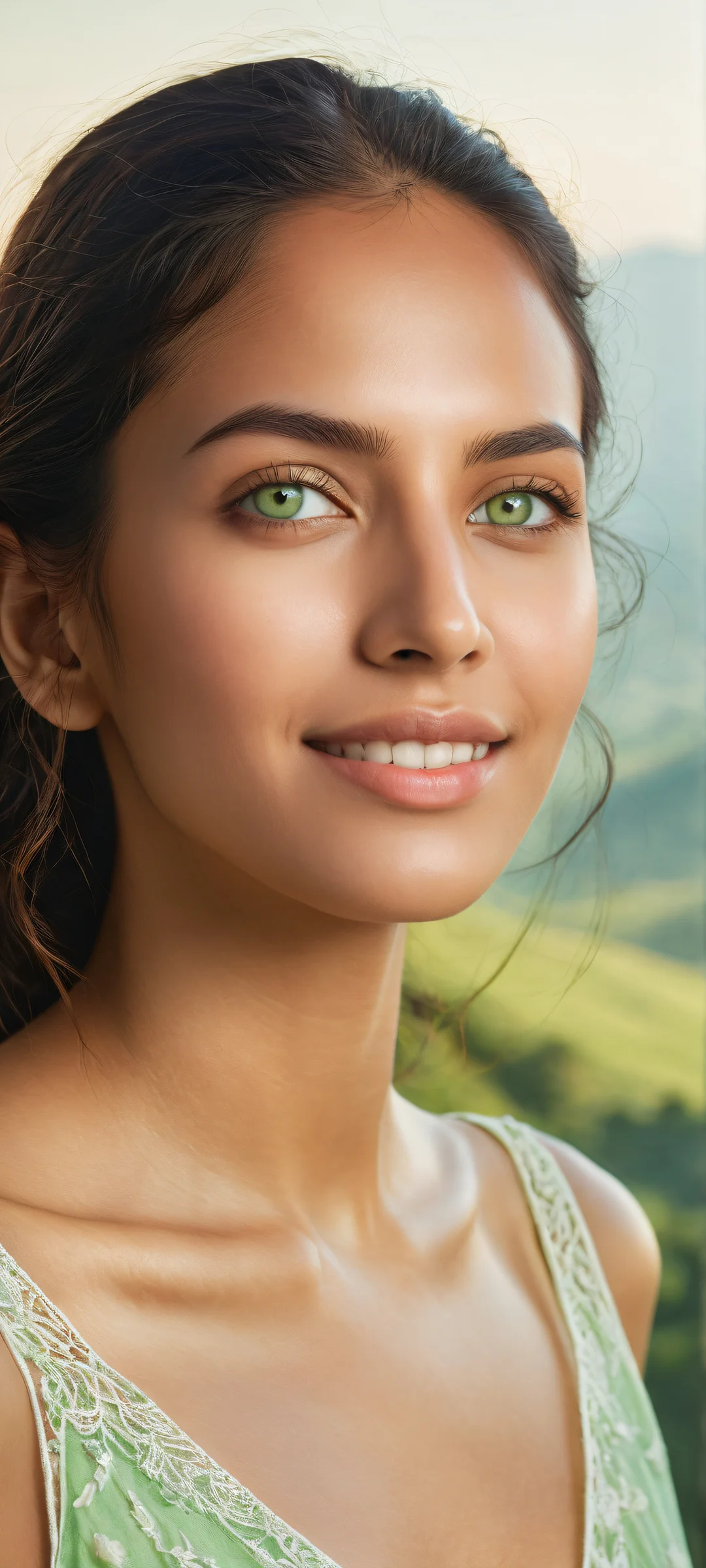 A young woman with stunning green eyes and a subtle smile, set against a breathtaking landscape of rolling hills and distant mountains, perfekt optimiert für das iPhone, Samsung Galaxy, und Android-Startbildschirme.
