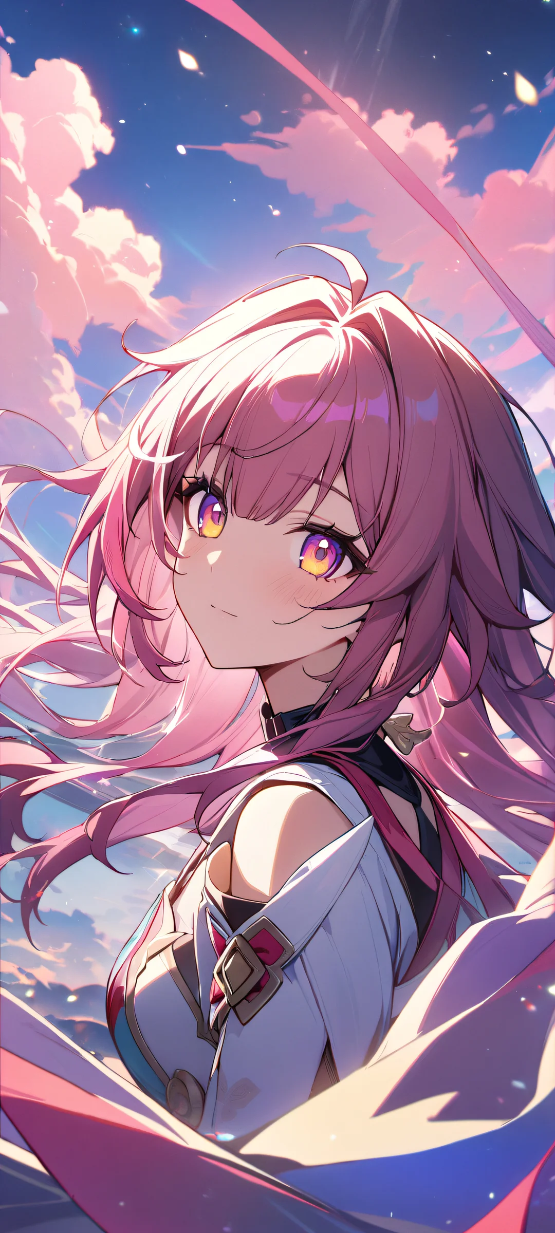 Girl looking directly at viewer amidst a vibrant anime-inspired background featuring pastel hues and glittering accents, perfectly optimized for iPhone/Android home screens.