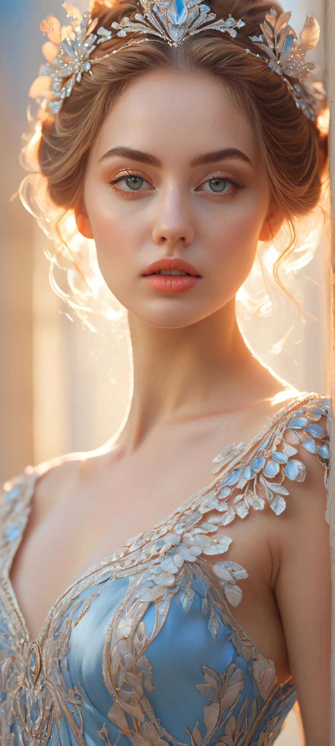 Ethereal Harmony iPhone & Samsung QHD-Hintergrundbild A woman placed in the lower-middle with intricate micro-details on her dress and accessories, amidst a vast pure void., Perfectly clean and empty top half with vast pure void, allowing for an unobstructed view of the subject. iPhone/Android wallpaper.