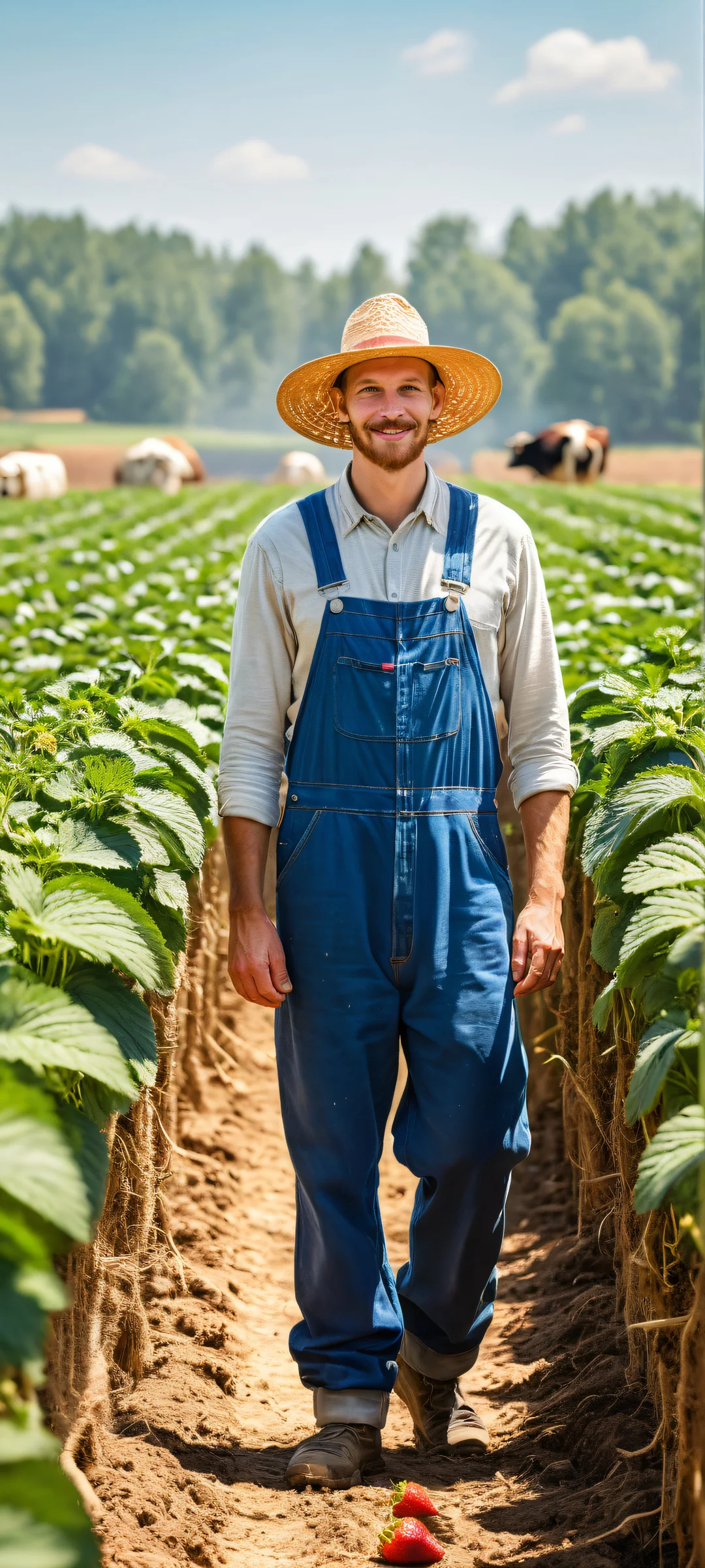 Farmer milking a cow-sized strawberry, orange, and blueberry with impeccable details on iPhone/Android home screens.