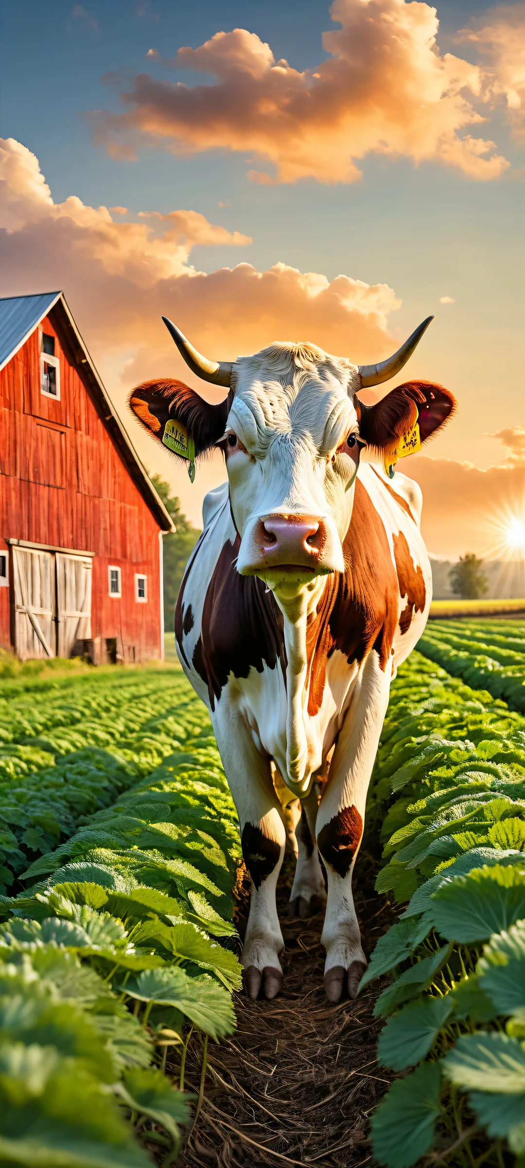 Cow-sized strawberry, orange, and blueberry on a rustic farm scene with iPhone/Android-compatible background.