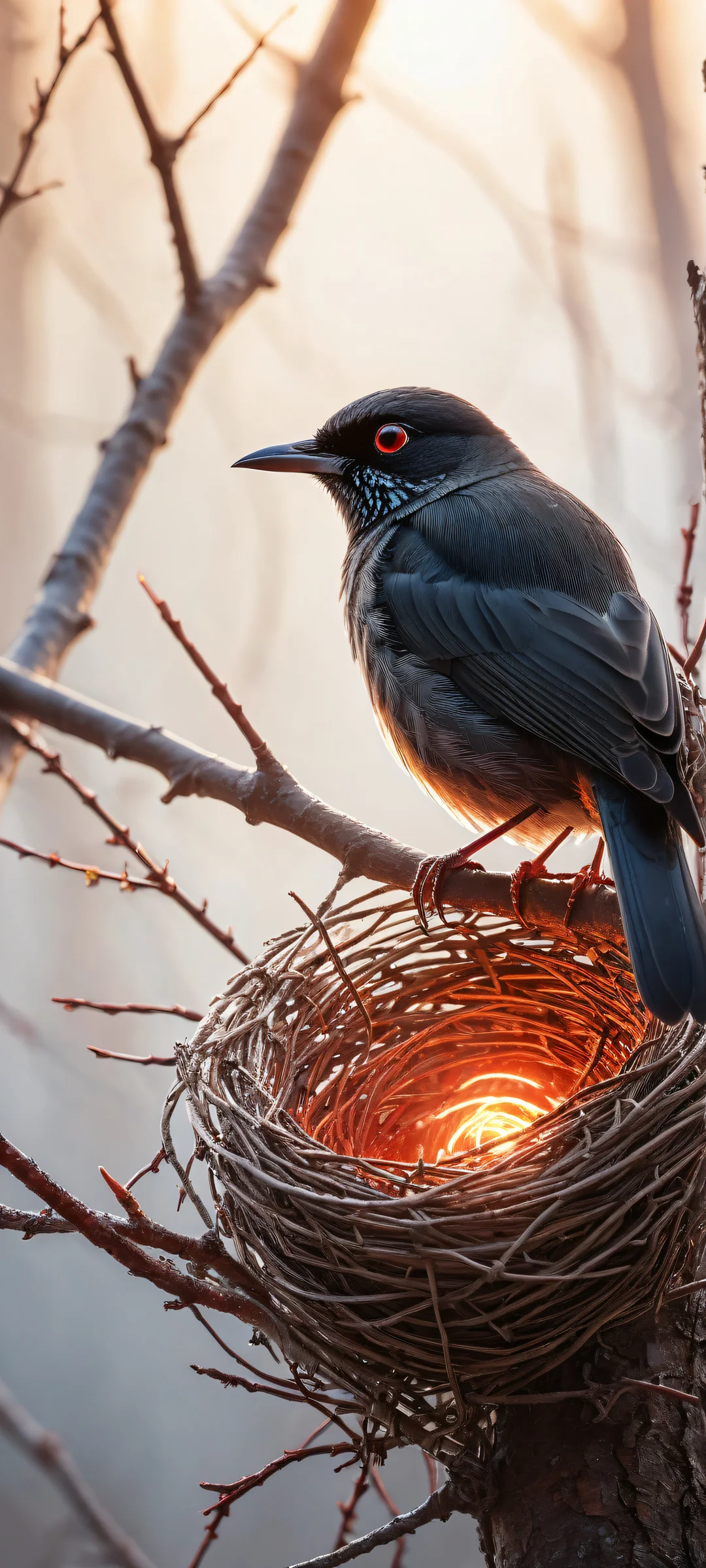 iPhone and Android users will be mesmerized by this stunning cosmic portrait of a black-glowing bird in a barbed wire nest, surrounded by vibrant colors and ethereal lighting.