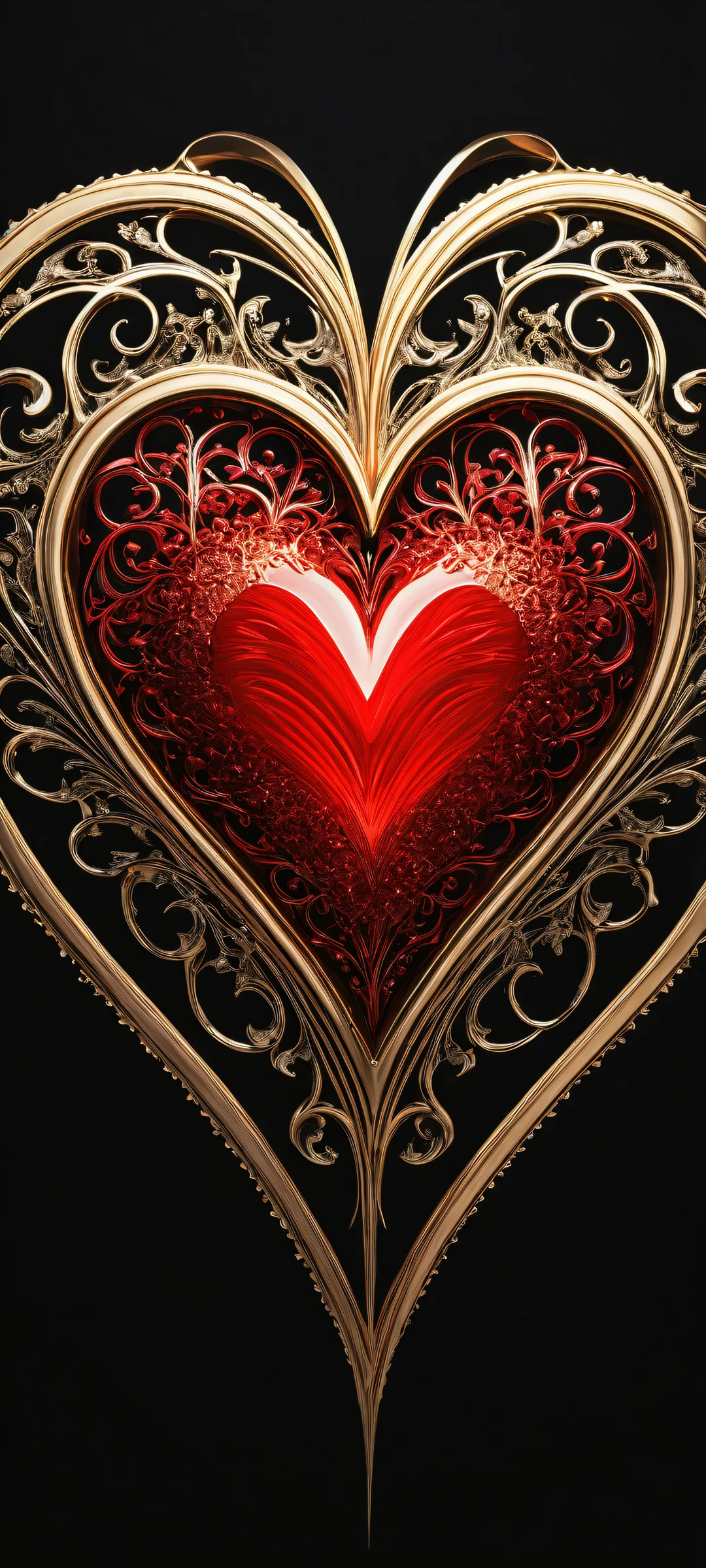 A stunning vertical portrait artwork of a stylized heart design placed in the lower-middle, perfectly clean and empty top half with a vast pure void, simple black background, centered and minimalistic. Ideal for iPhone/Android home screens.