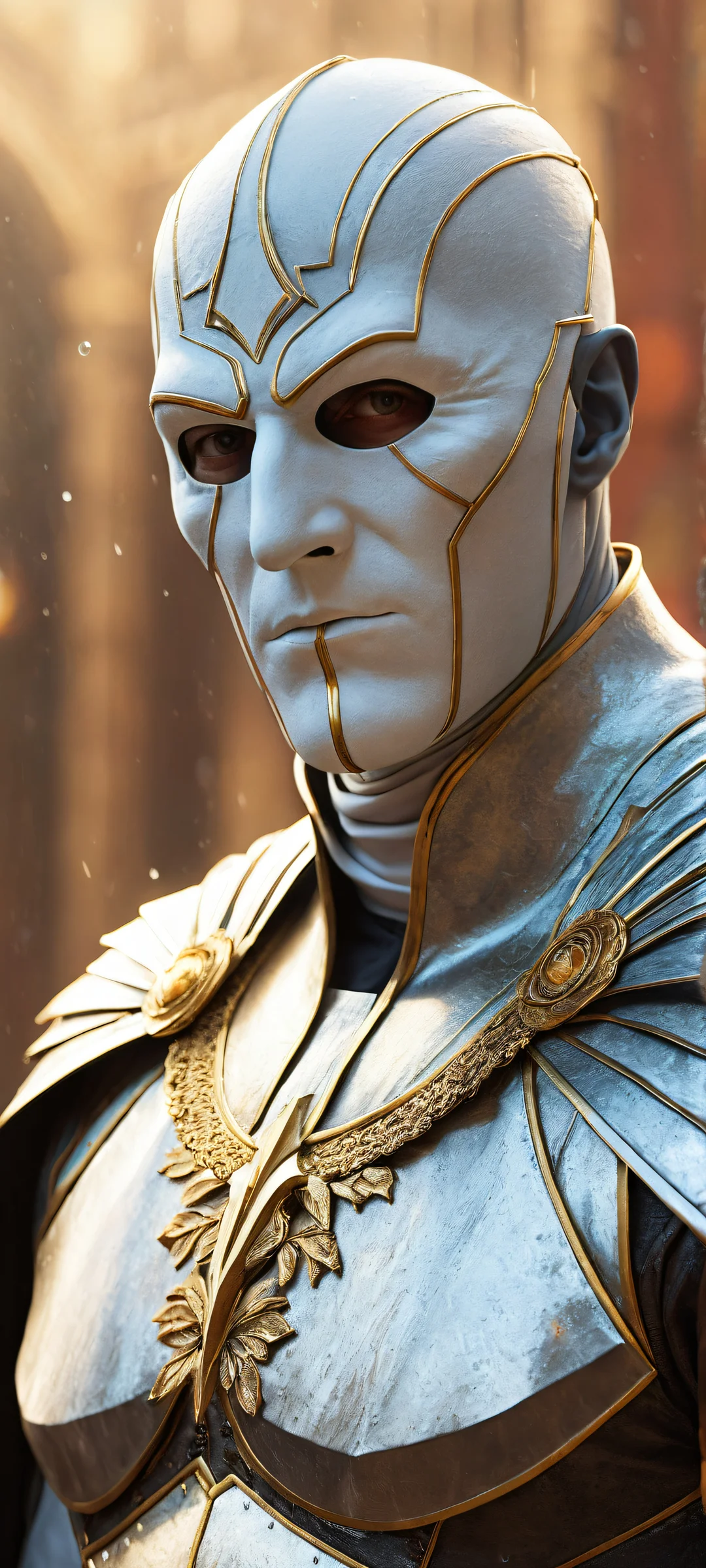 A beautiful, sad-eyed heroine with intricate details on her breasts, placed in the lower middle of a vast, empty background. Perfect for iPhone/Android home screens.