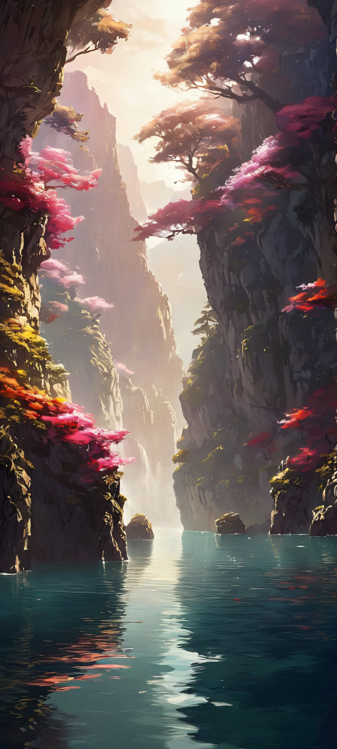 Breathtaking cyberpunk landscape for iPhone and Android. Ethereal lighting and brilliant colors on a dark and sentimental background.