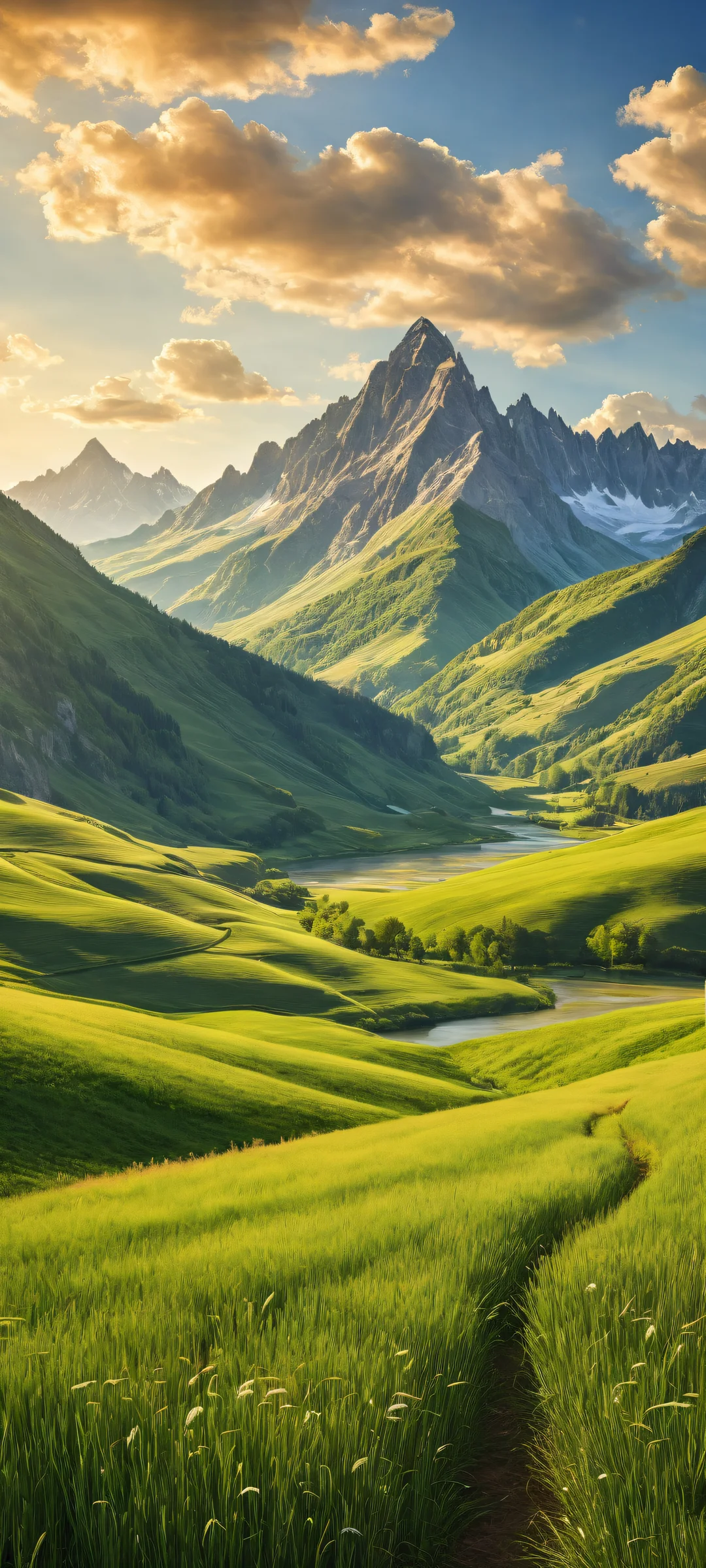 Breathtaking mountain peaks and rolling hills against a brilliant blue sky with puffy white clouds on an iPhone/Android device.