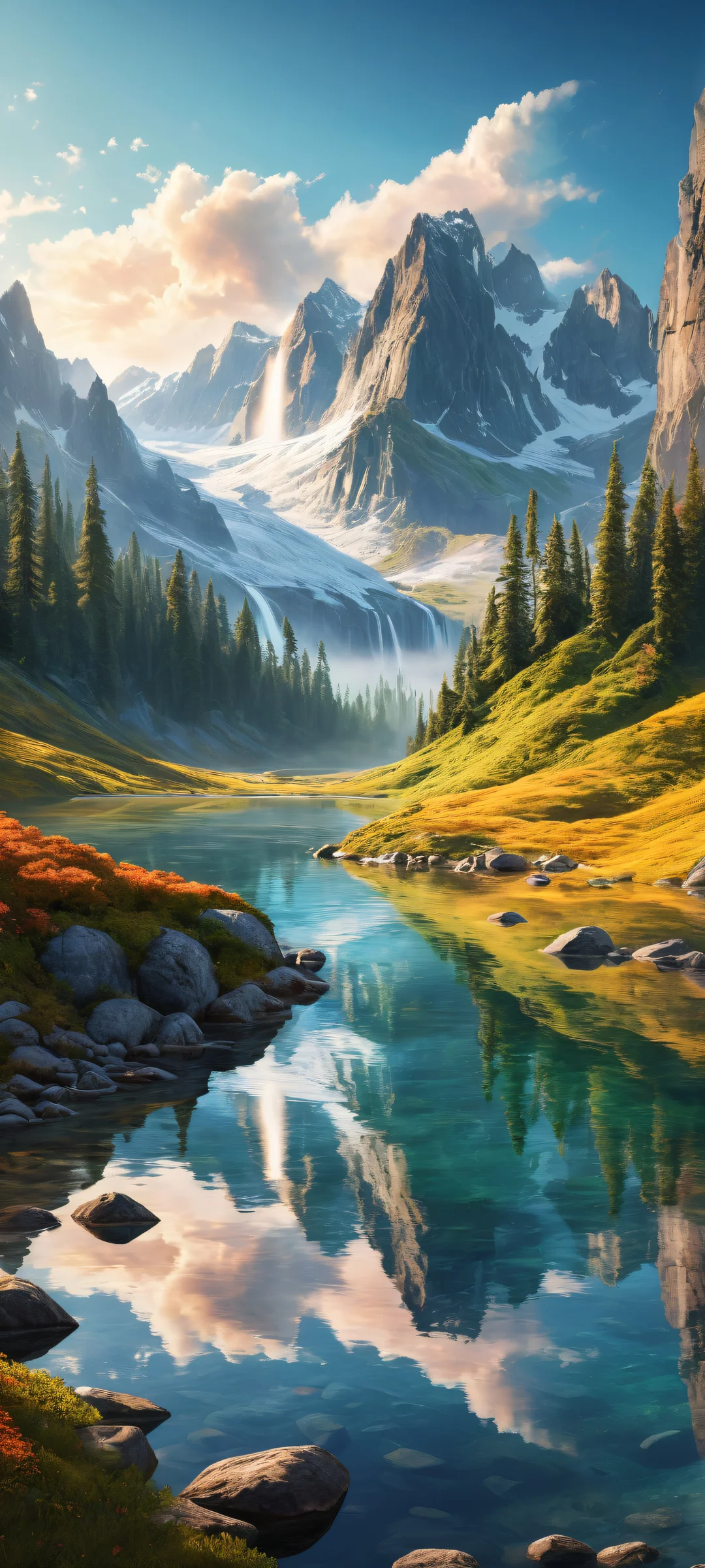 Ethereal Horizon QHD Smartphone Background A serene iPhone and Android wallpaper featuring a stunning landscape with wispy clouds, shimmering stardust, and a whimsical world of rolling hills and sparkling waterfalls. Perfectly optimized for iPhone, Samsung Galaxy, and Android home screens.