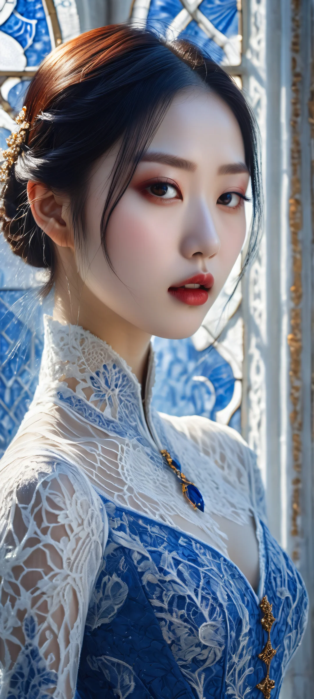 A stunning K-pop idol portrait with intricate frozen lace and glowing blue porcelain skin, perfectly optimized for iPhone/Android home screens.