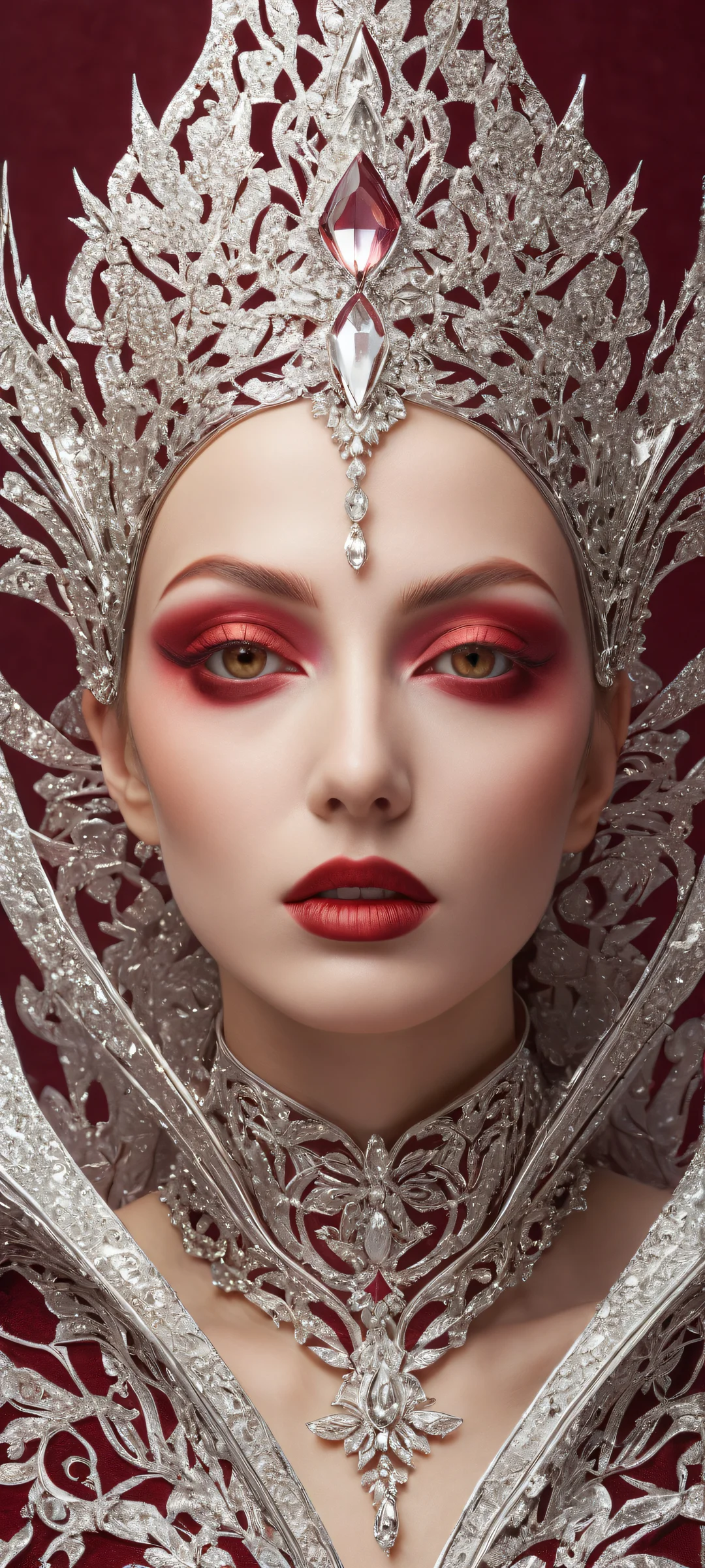 iPhone/Android screenshot of Broken Icon artwork with vibrant colors and detailed micro-elements on a dark maroon background.