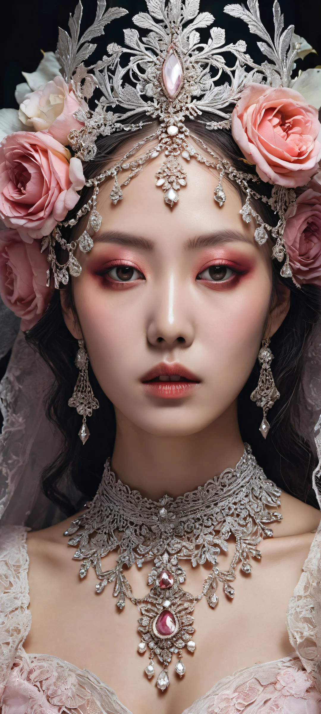 A mad K-pop idol with a decayed renaissance dress and blindfolded eyes, perfectly optimized for iPhone and Android home screens.