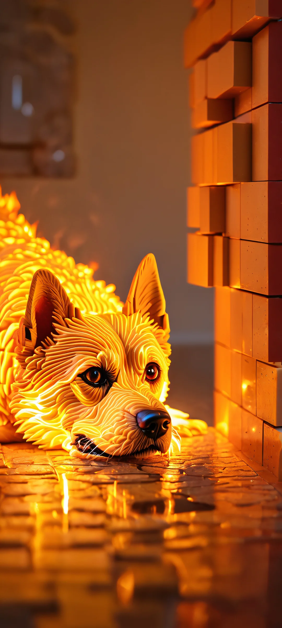 A blocky yellow dog sips coffee in a LEGO room consumed by flames on iPhone/Android