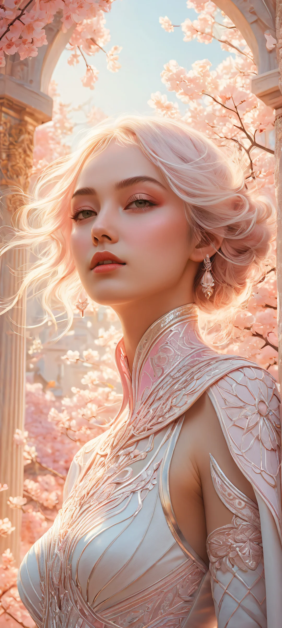 A stunning vertical portrait of a girl on a clean and empty top half with a vibrant anime-inspired background below, featuring iPhone/Android.