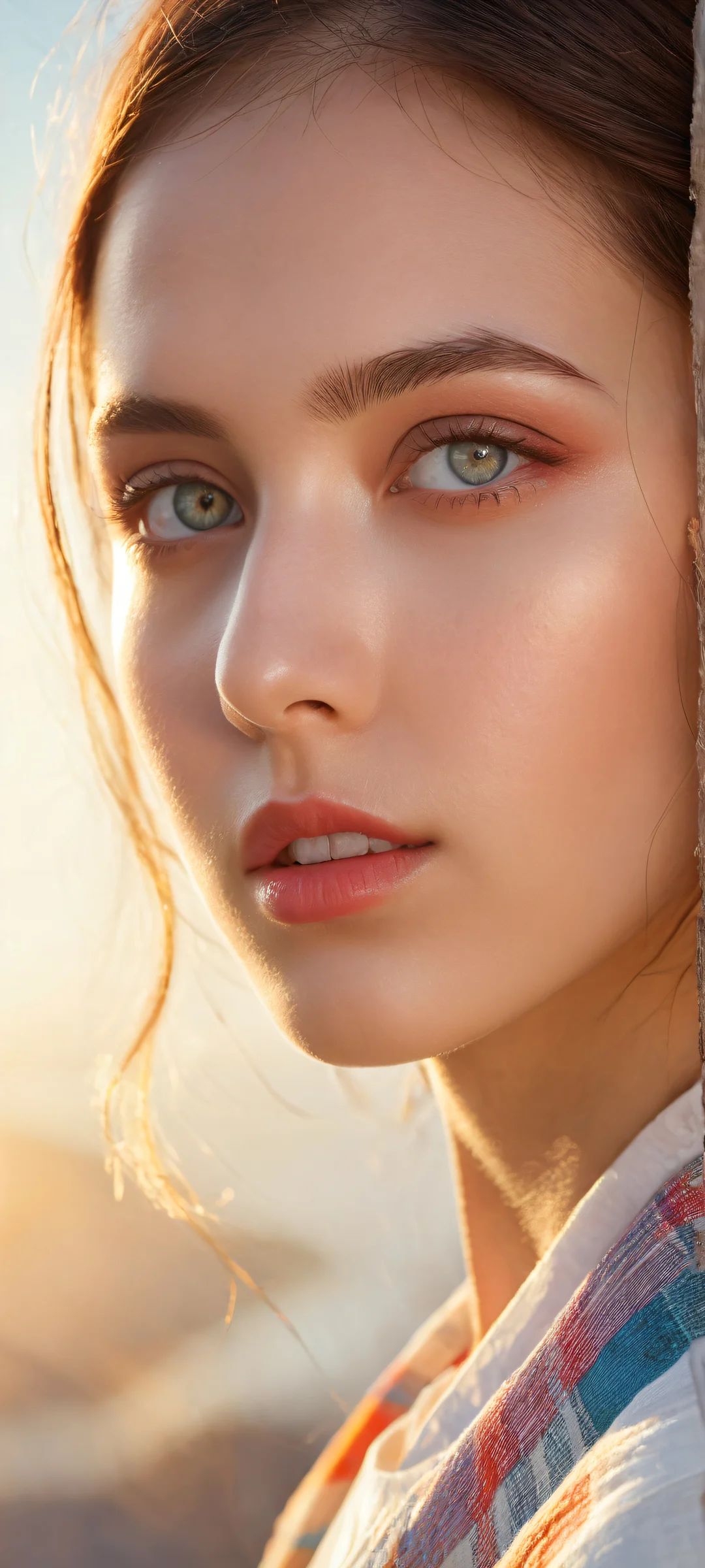 A stunning vertical portrait of a young girl on a vibrant plaid background with intricate details for iPhone and Android