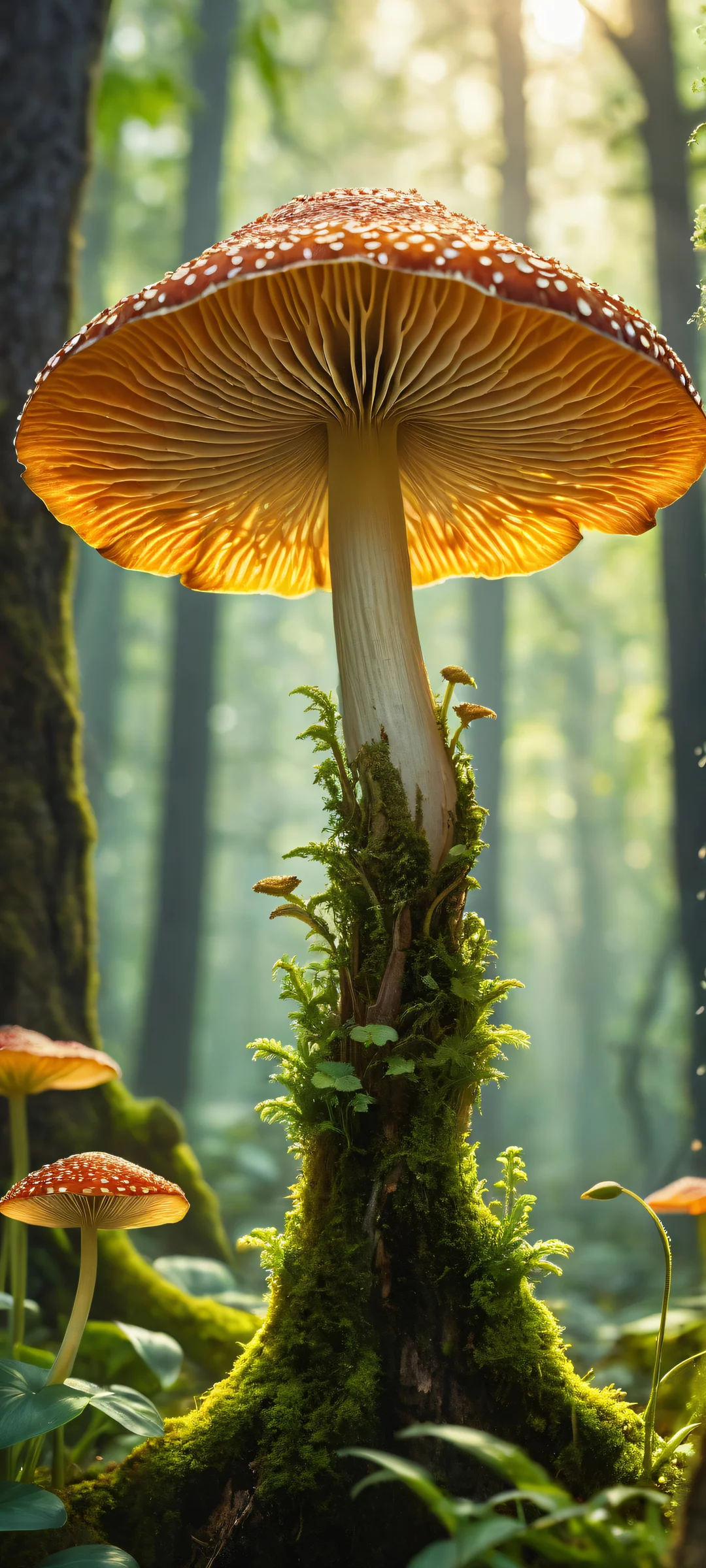 A mystical mushroom spirit holds out a golden-dusted tulip to the viewer, inviting them into its enchanted realm. Perfectly optimized for iPhone and Android home screens.