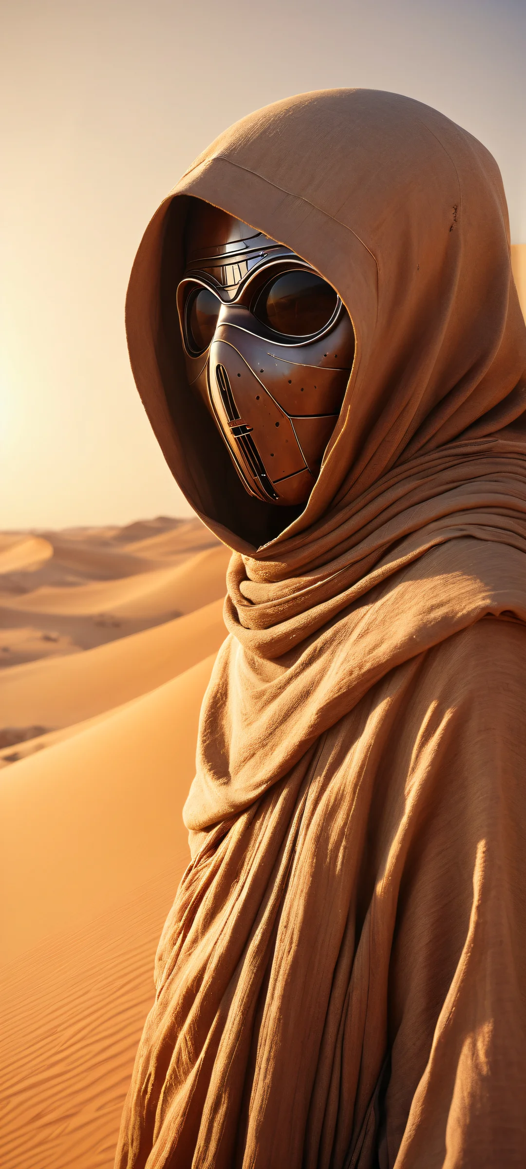 Majestic Jawa portrait with intricate wrinkles and weathered textures on a serene desert landscape. Perfect for iPhone/Android home screens.