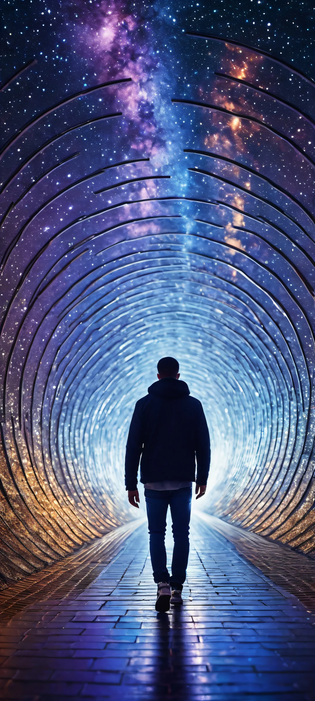 Beautiful iPhone and Android wallpaper featuring a stunning figure walking through a dark tunnel with a starry sky bokeh in the lower-middle, perfectly optimized for your phone's home screen.