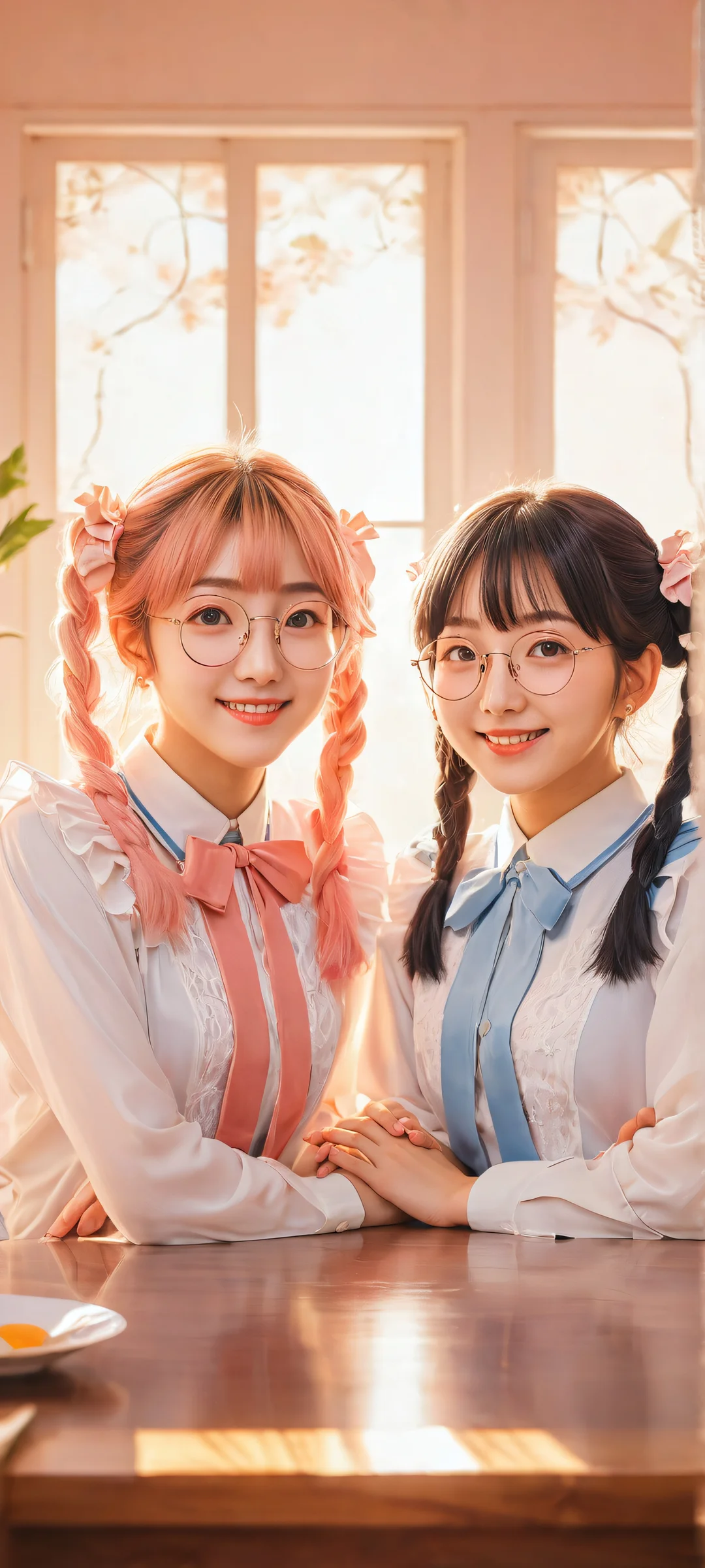 Two anime girls, Junpaku Karen and her friend, smiling at the viewer with their glasses and twintails perfectly lit against a warm indoor setting.