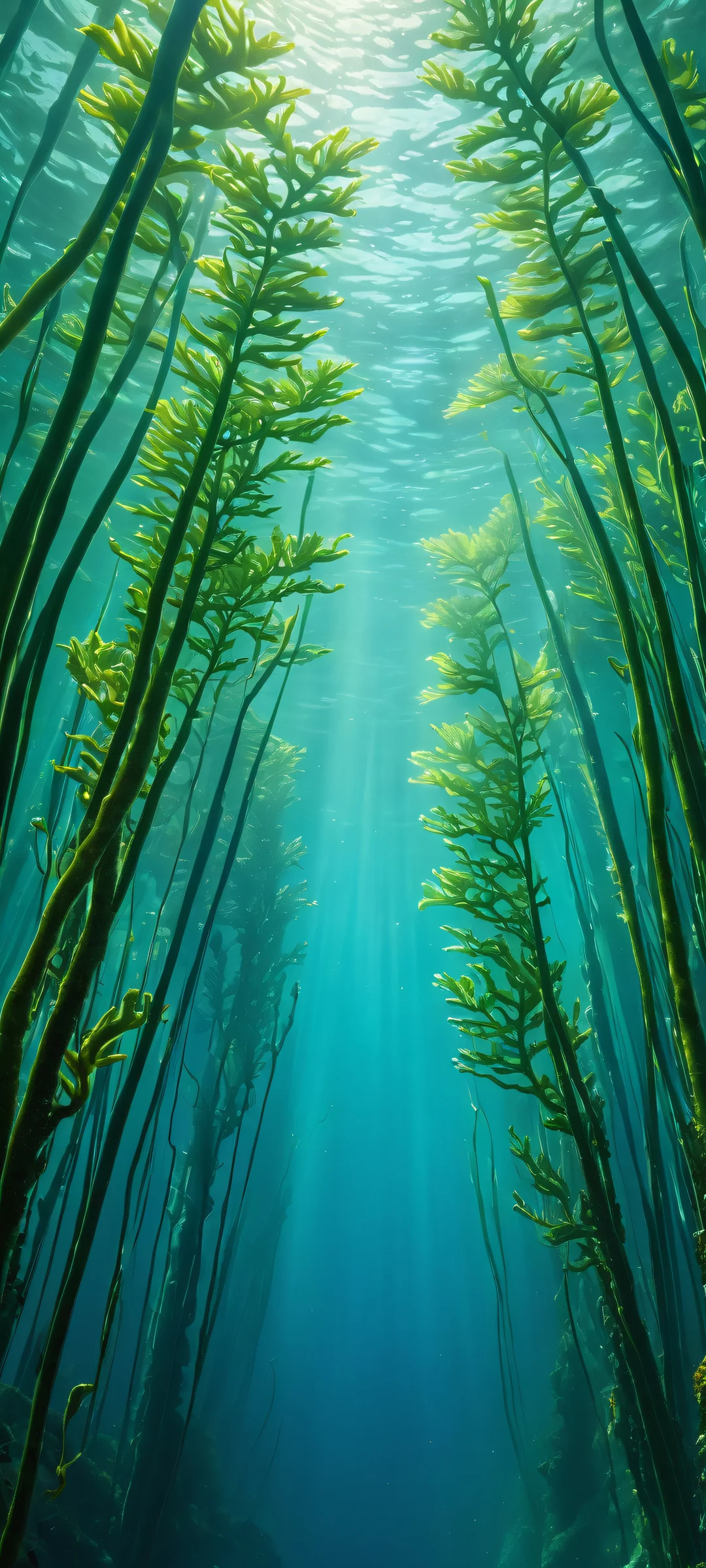 Dramatic vertical portrait of a kelp forest against a serene ocean backdrop, perfectly suited for iPhone/Android devices.