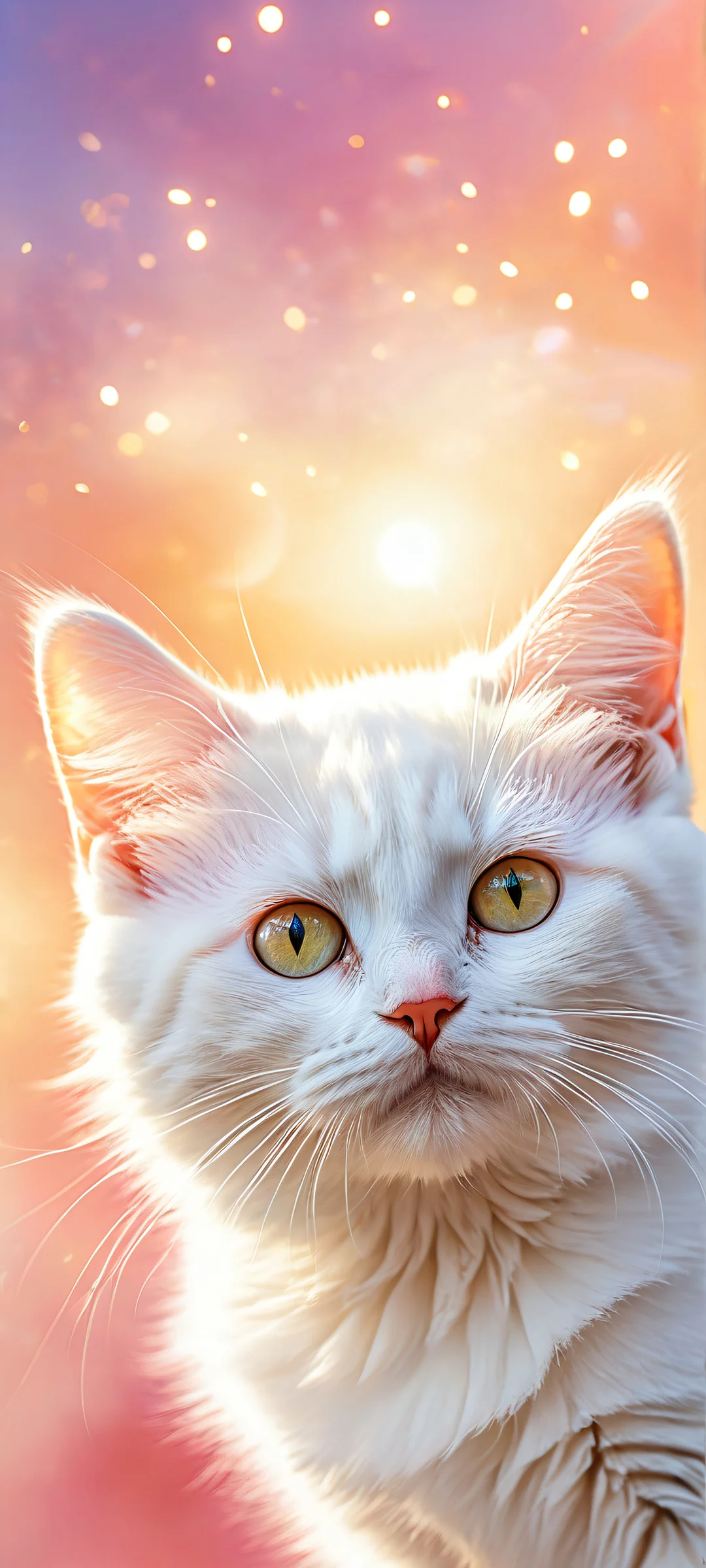 A stunning iPhone and Android wallpaper featuring a whimsical kitten surrounded by dreamy bokeh colors, perfect for personalizing your mobile home screen.