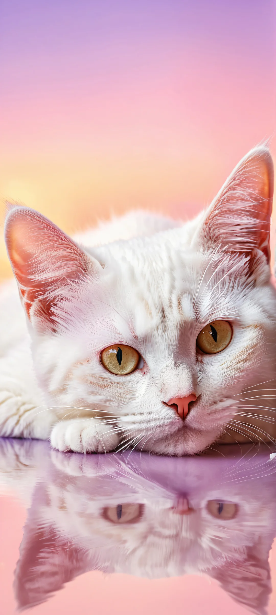 A serene and dreamy kitten resting in a soft fuzzy bed, perfekt optimiert für iPhone- und Android-Startbildschirme.