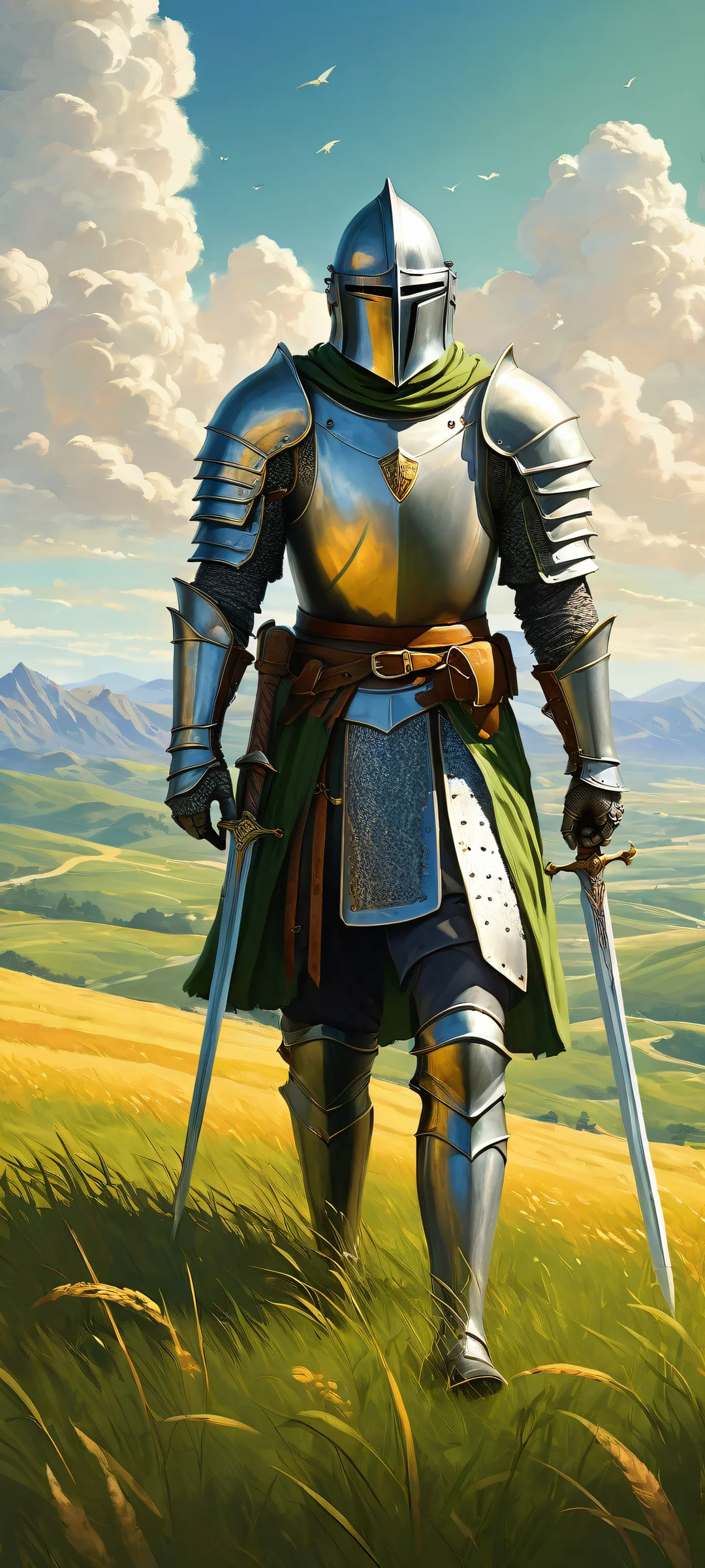 A proud knight stands in a vast open field with lush grass and wispy clouds on an iPhone or Android device.