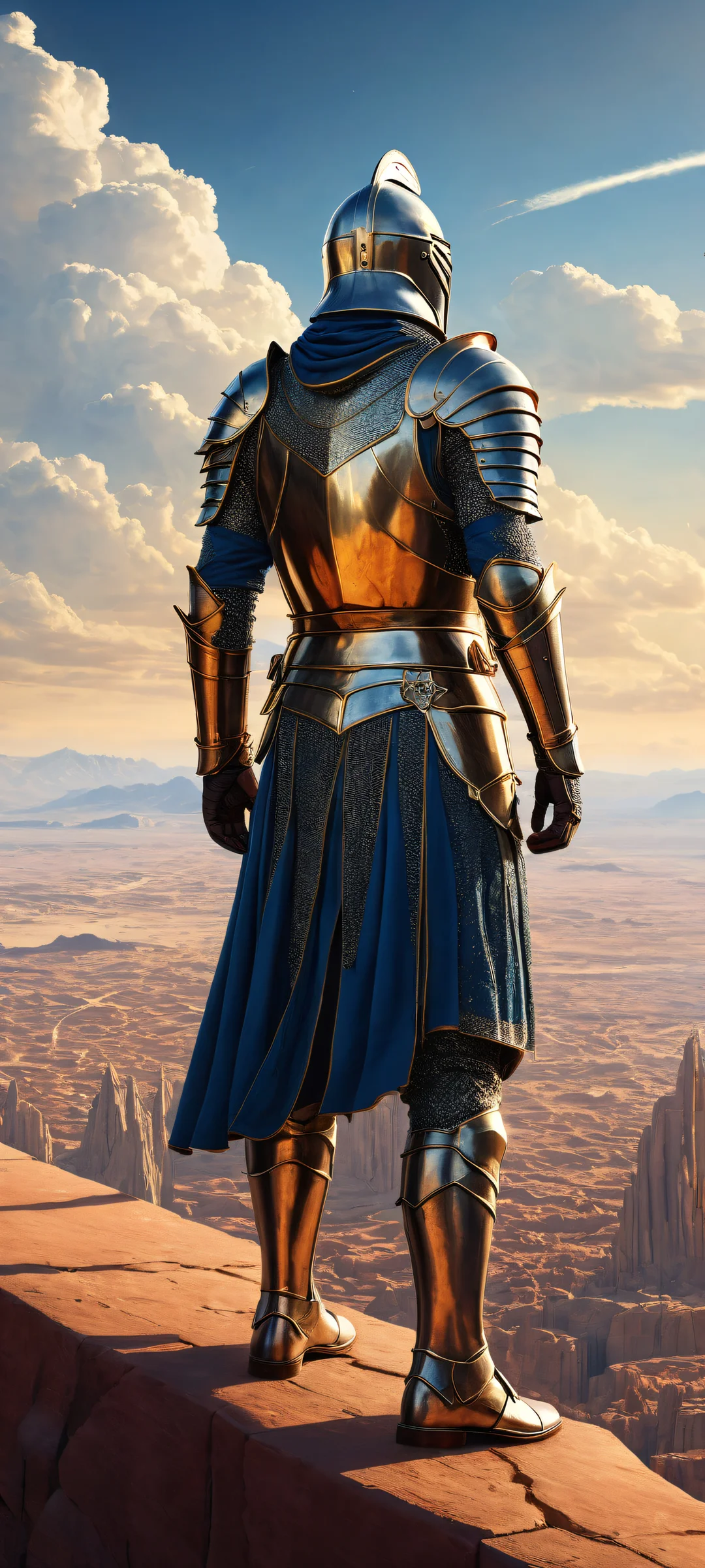 A majestic knight stands tall amidst a cityscape backdrop on an iPhone or Android device's home screen, with reflective armor and intricate micro-details.