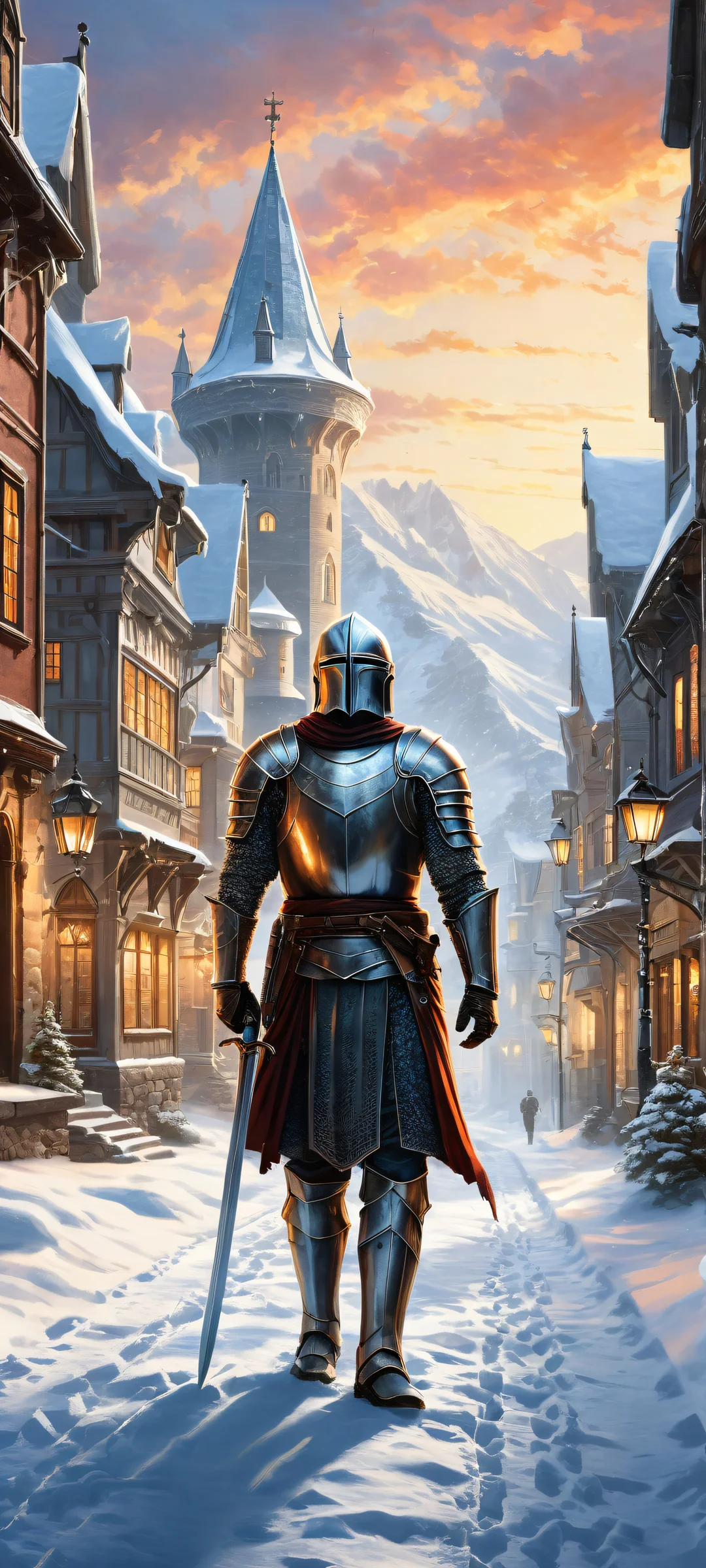 A majestic knight against a winter nightscape of snow-covered buildings and winding streets on an iPhone/Android home screen.