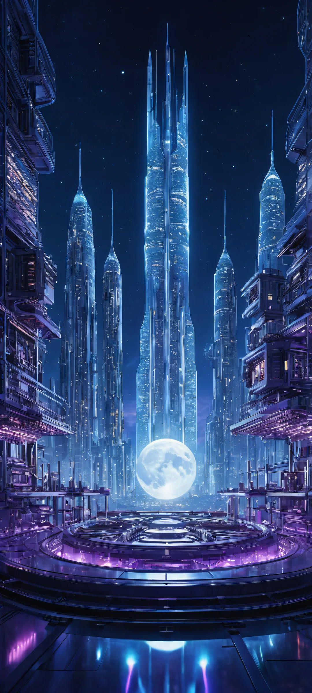 iPhone and Android users will be mesmerized by this stunning vertical portrait artwork of a futuristic laboratory setup with intricate details, set against the backdrop of a serene cityscape at night, perfect for home screens.