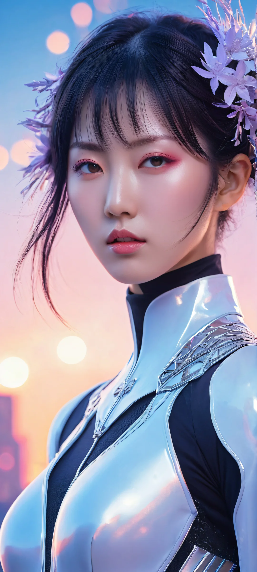 A breathtaking vertical portrait artwork of Lain Iwakura on a futuristic iPhone/Android device. Her intricate outfit and accessories are expertly rendered, with a vast, empty void in the background evoking infinite possibility.