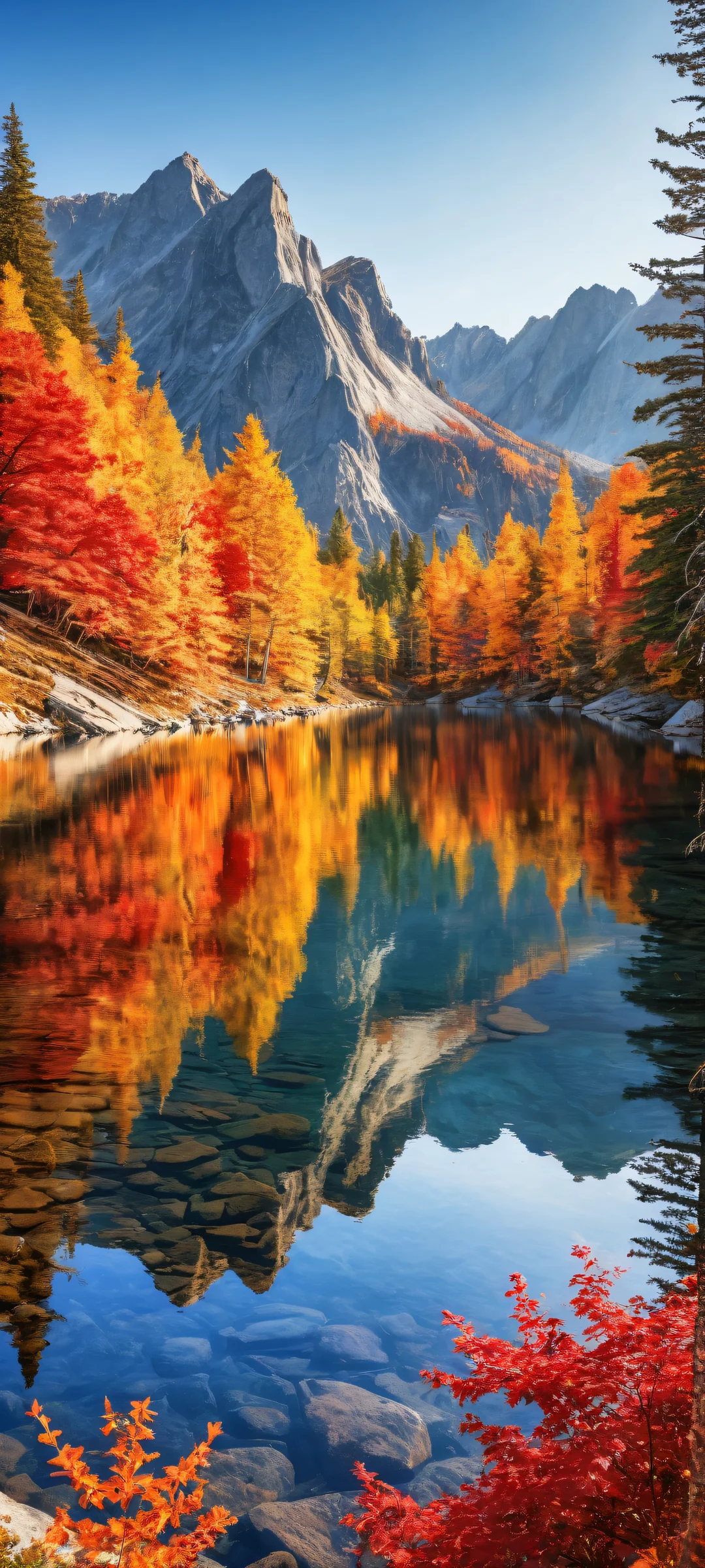 Dramatic frog's eye view of a pristine alpine lake reflecting the surrounding landscape, iPhone と Android のホーム画面に完全に最適化.