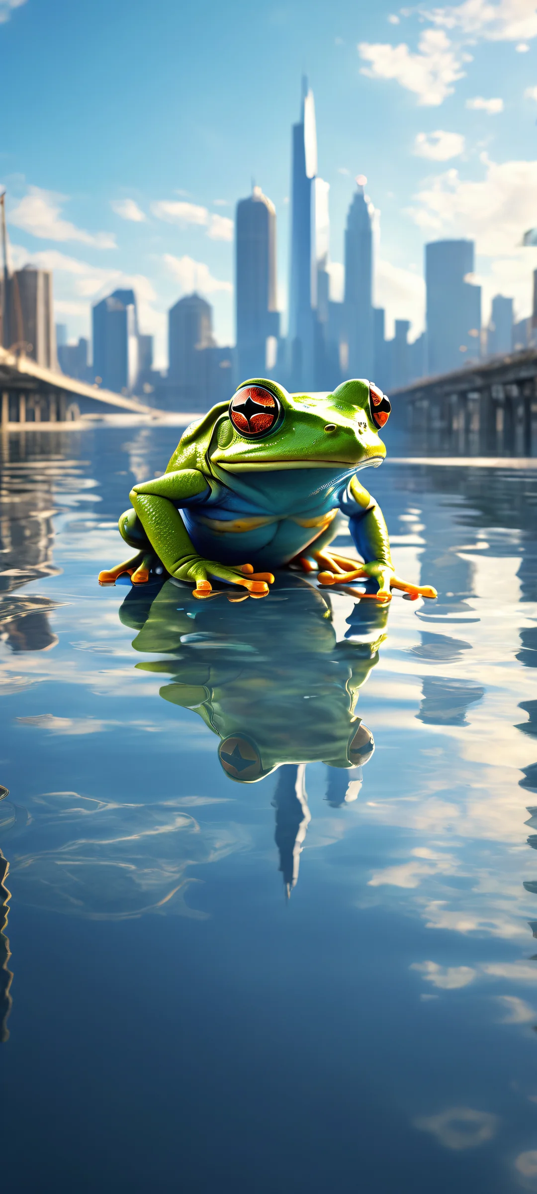 A stunning mechanical frog perched by the water's edge amidst a serene urban setting, perfekt optimiert für iPhone/Android-Startbildschirme.