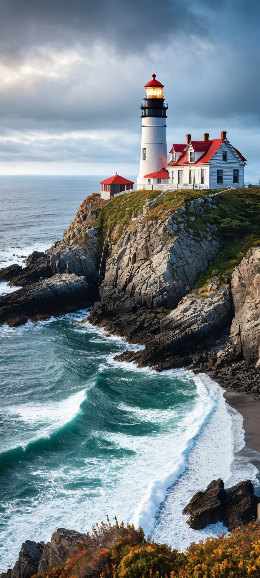 A breathtaking vertical portrait artwork of an abandoned lighthouse on iPhone/Android home screens, with intricate micro-details and radiant lighting.