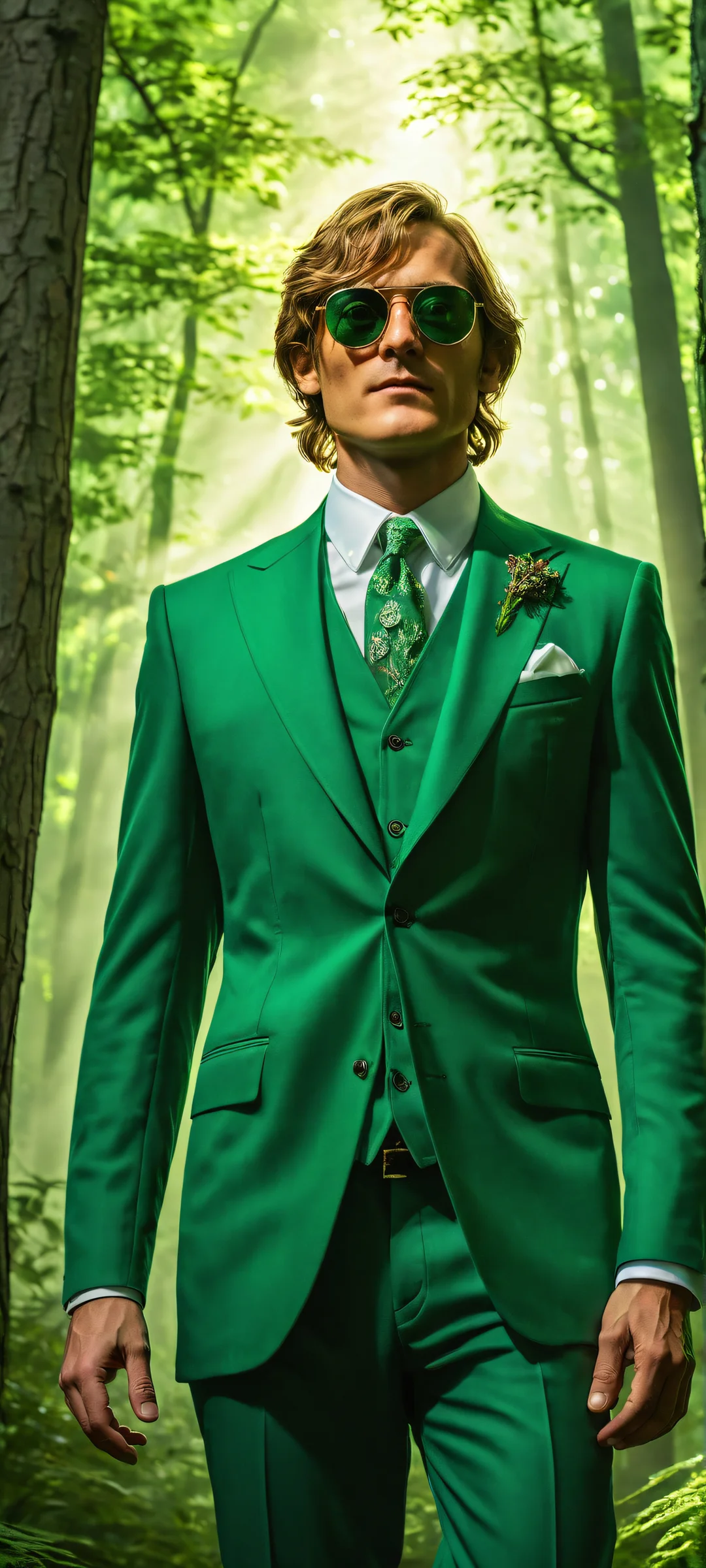 A breathtaking vertical portrait of Link in sunglasses and pinstripe suit, surrounded by Skull Kids amidst green light beams, perfect for iPhone/Android home screens.