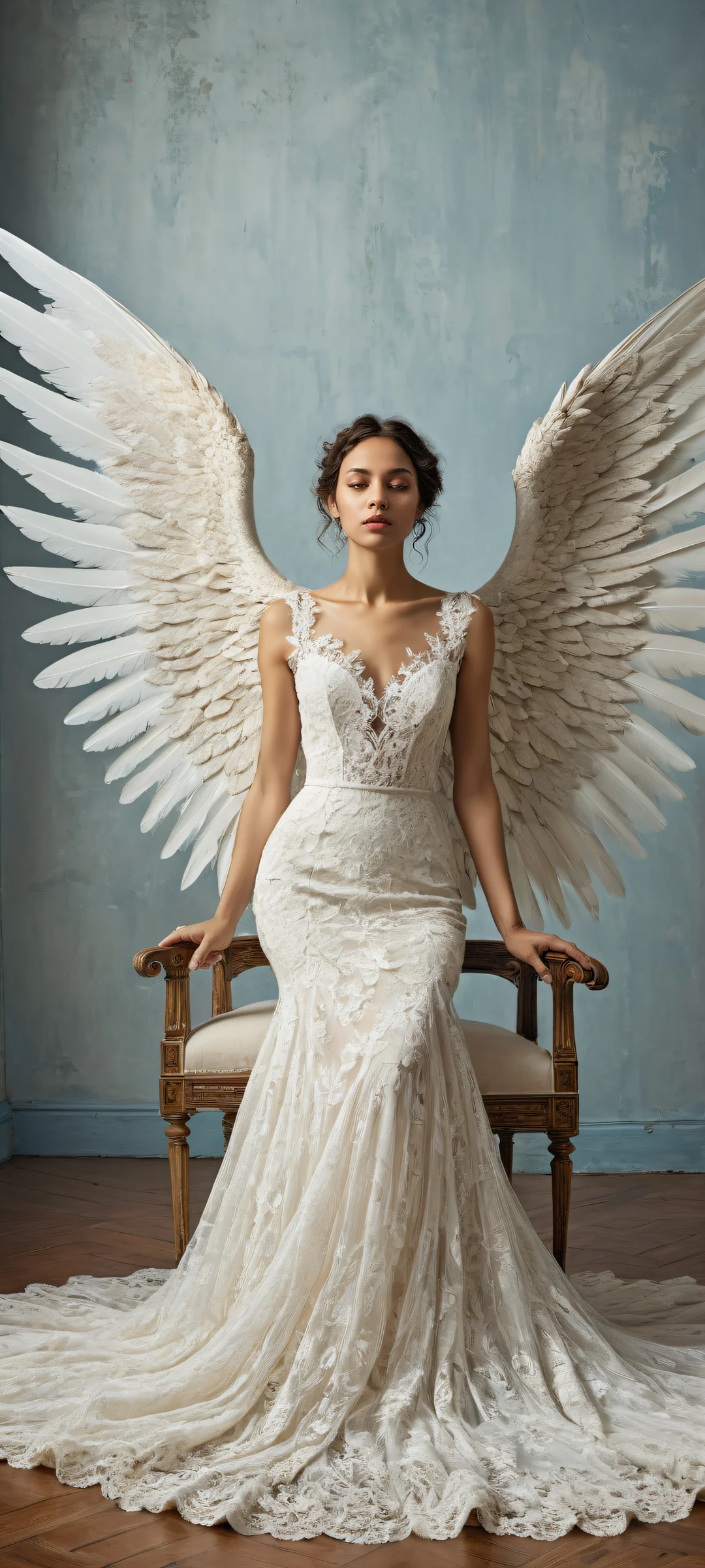 A dejected angel in a vintage ivory lace gown against a pure void, with stained sofa and ethereal lighting. Perfect for iPhone/Android home screens.