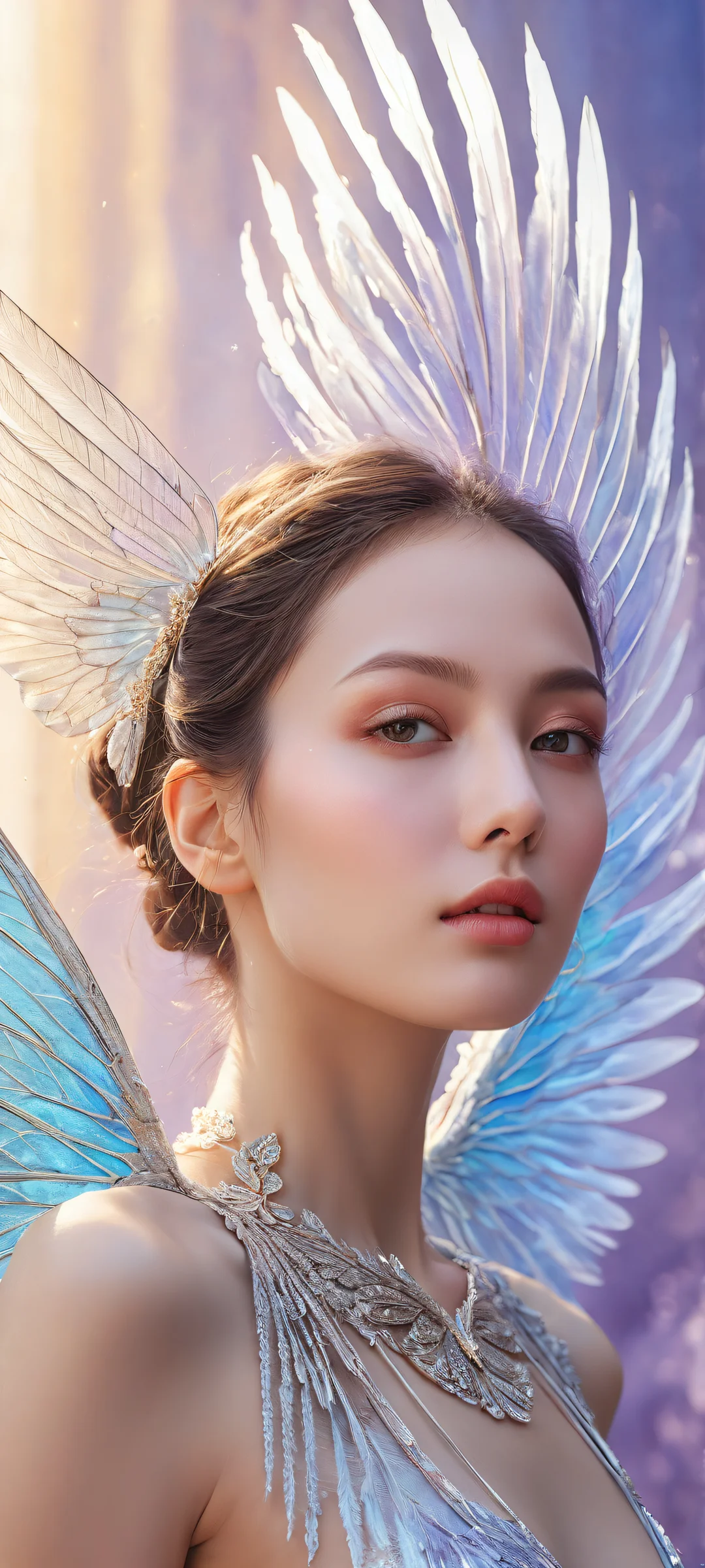 Ethereal Longing Aesthetic Phone Wallpaper Delicate iridescent wing on a pure void background with intricate swirling vortex and ethereal lighting, perfect for iPhone/Android