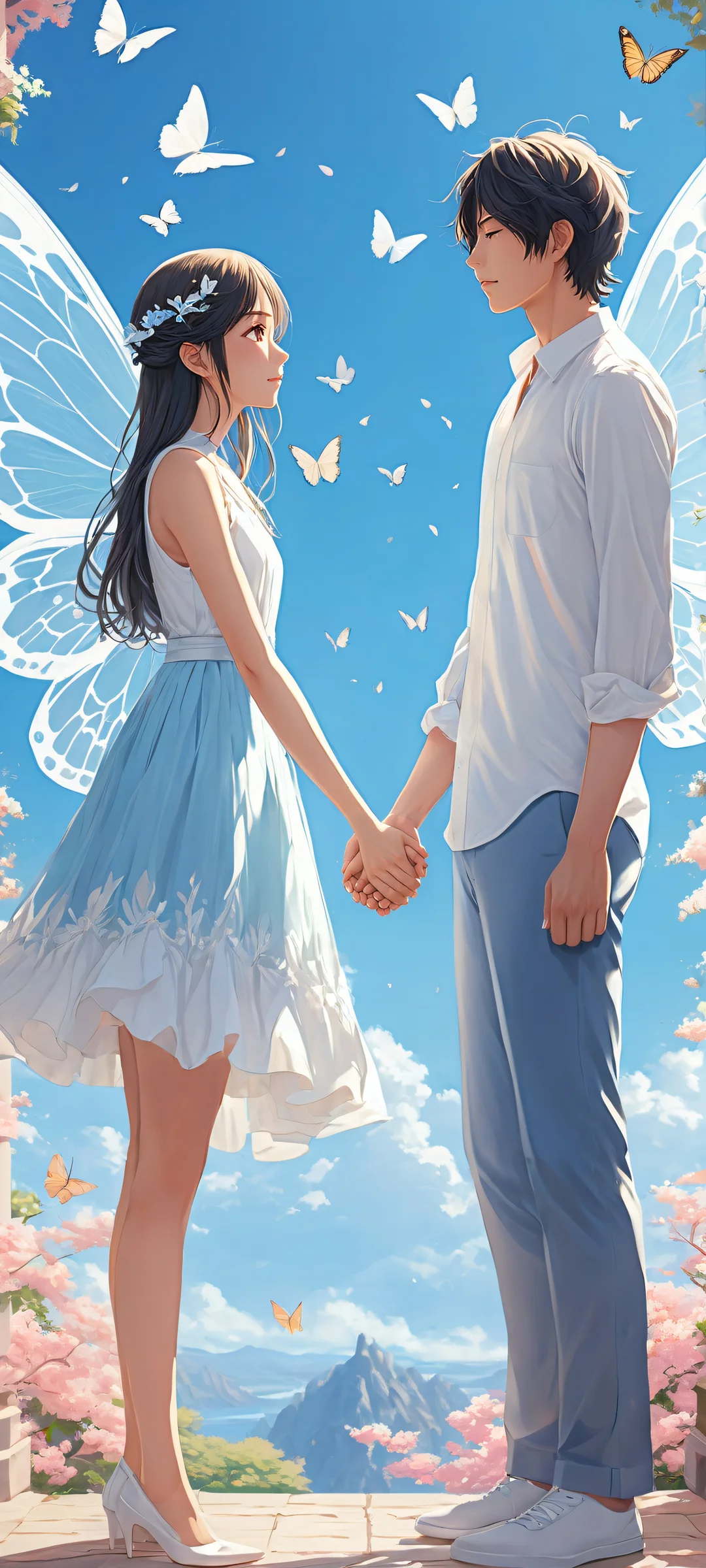 Anime couples holding hands in a serene landscape of blue butterflies on an iPhone or Android device.