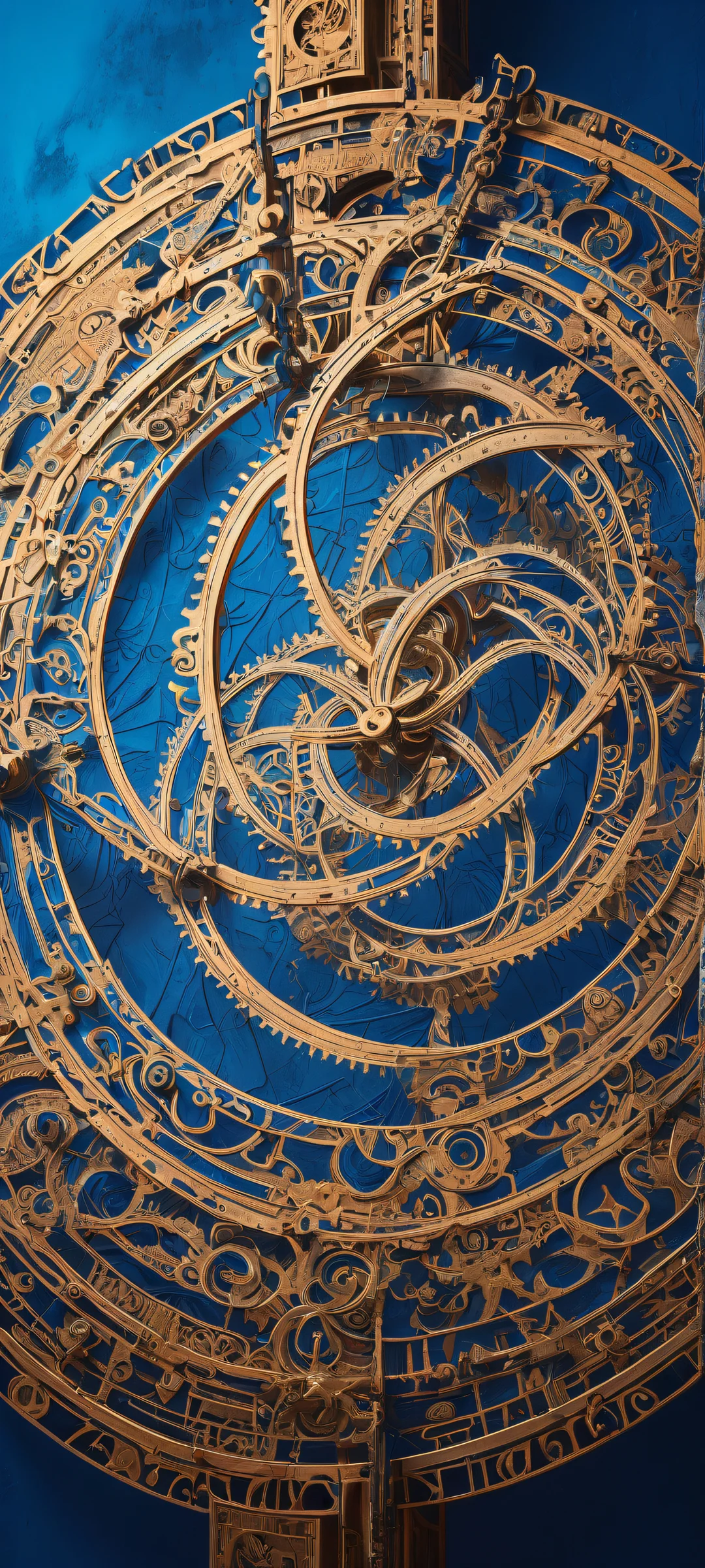 Ethereal Machinery iPhone & Fondo de pantalla de Android iPhone/Android compatible vertical portrait artwork of ancient machinery with swirling energies and cryptic symbols against a pure blue backdrop.