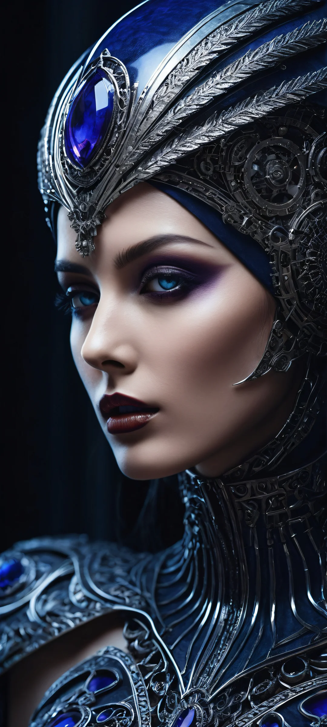 Ancient machinery details on a dark background with iPhone/Android UI widgets in the top half.