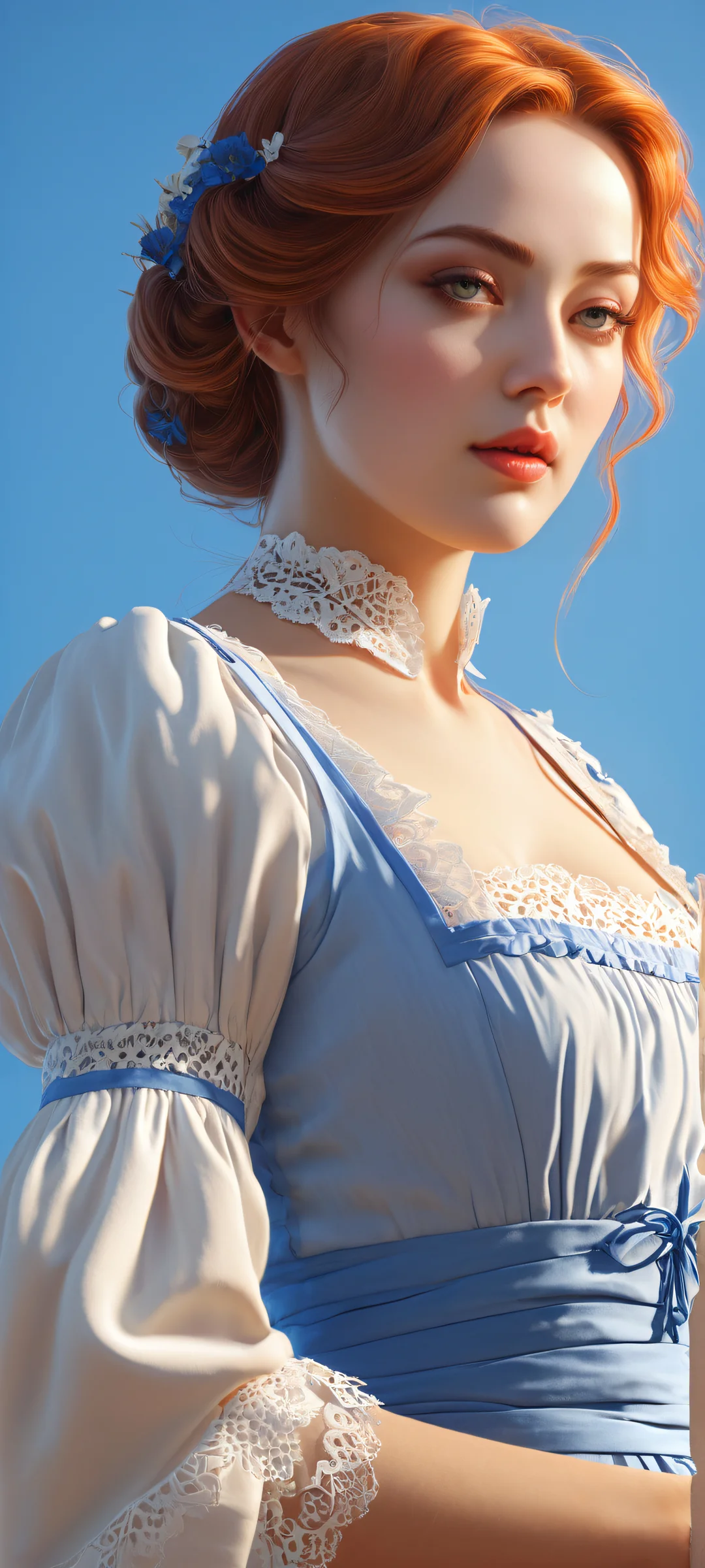 Portrait of Rem, the maid, placed in the lower-middle on a perfectly clean and empty top half with a vast pure void. iPhone/Android.