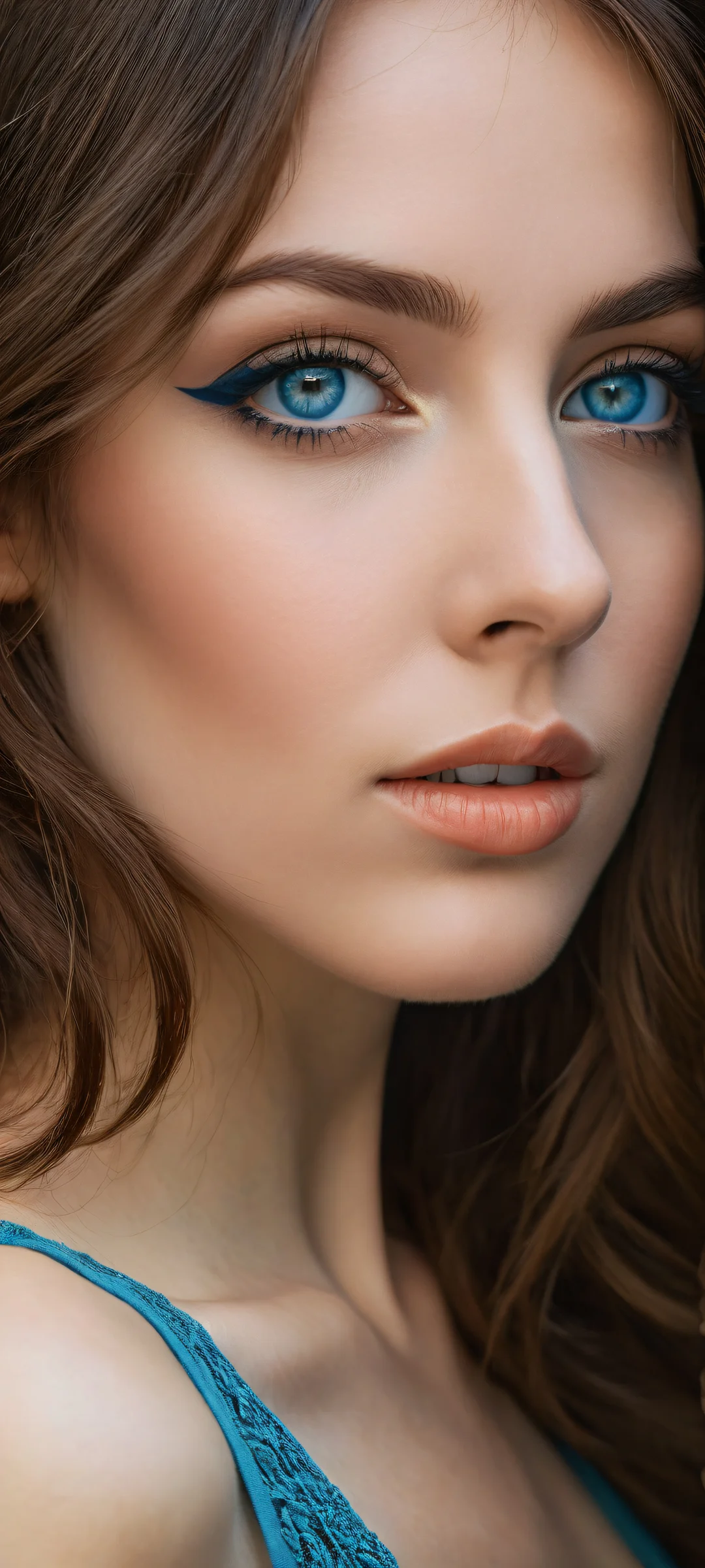 A lovely maiden with brown hair and deep blue eyes placed in the lower-middle of a forest landscape, perfekt optimiert für das iPhone, Samsung Galaxy, und Android-Startbildschirme.