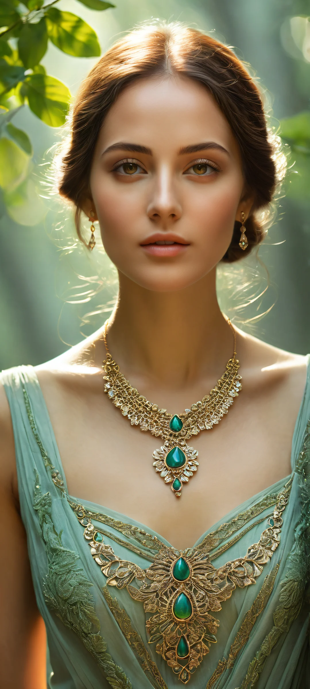 A serene maiden on a stunning iPhone or Android home screen with intricate micro-details of her beautiful brown hair and delicate necklace, surrounded by a lush forest and radiant ethereal lighting.
