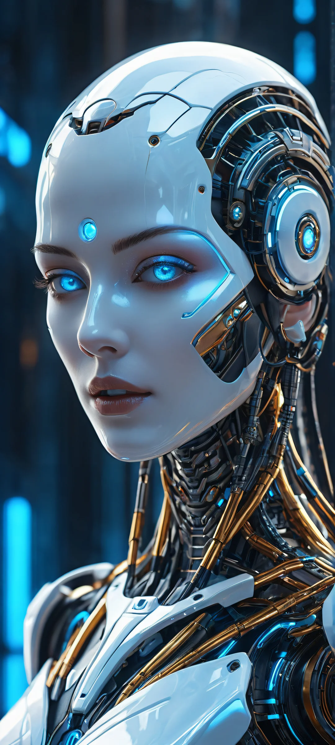 A stunning robot girl with intricate mechanical limbs and glowing blue circuits on a pure void background, parfaitement optimisé pour les écrans d'accueil iPhone/Android.
