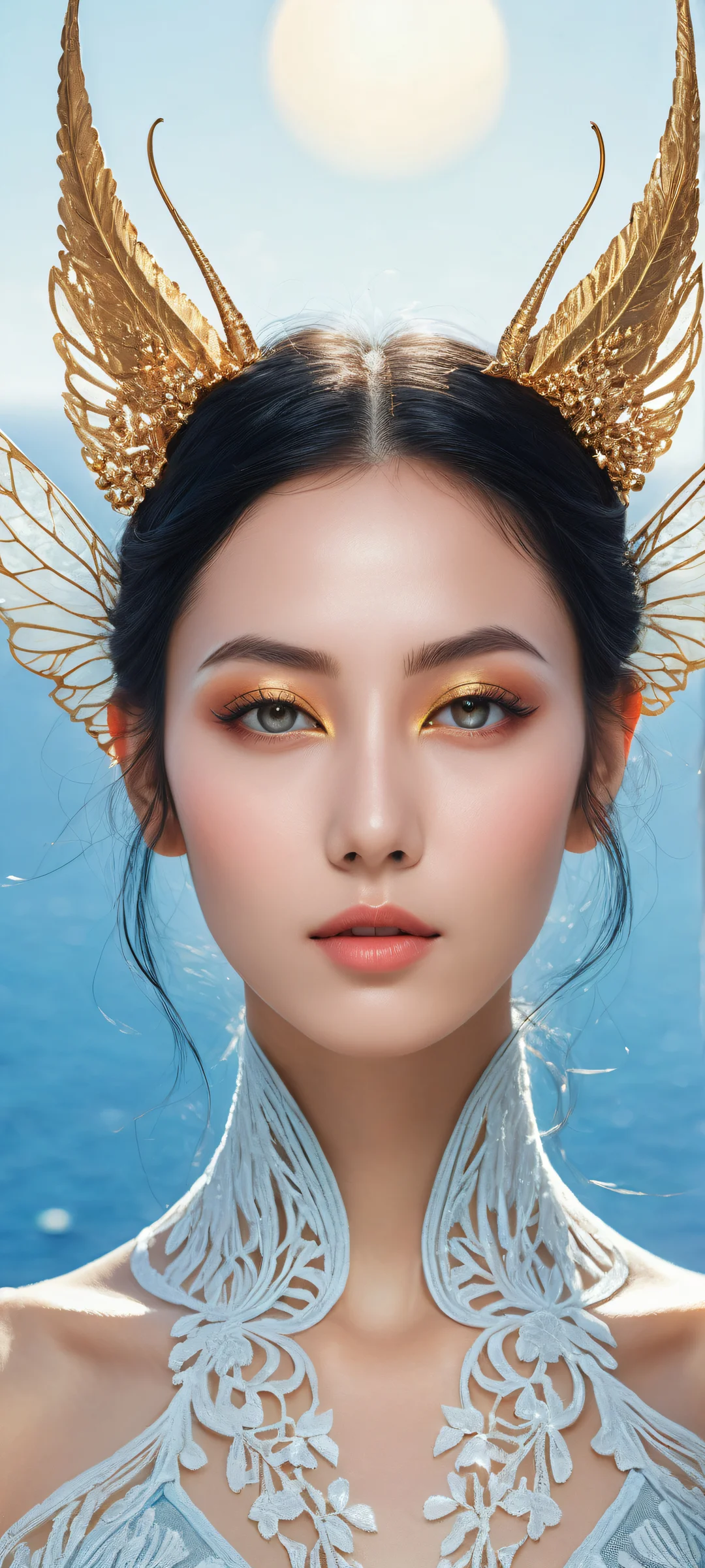 Fantasy girl with pointy ears and black hair on a serene watermarked background. Perfect for iPhone/Android home screens.