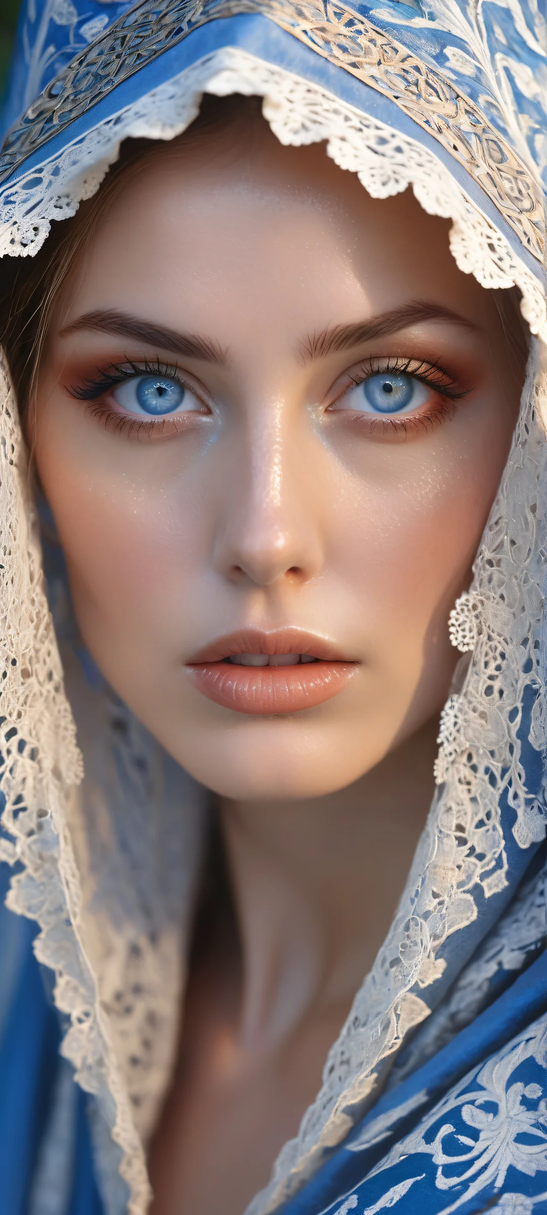iPhone and Android users will be enchanted by this stunning portrait of a mystical maiden with piercing blue eyes, surrounded by intricate details on her cloak and hood.