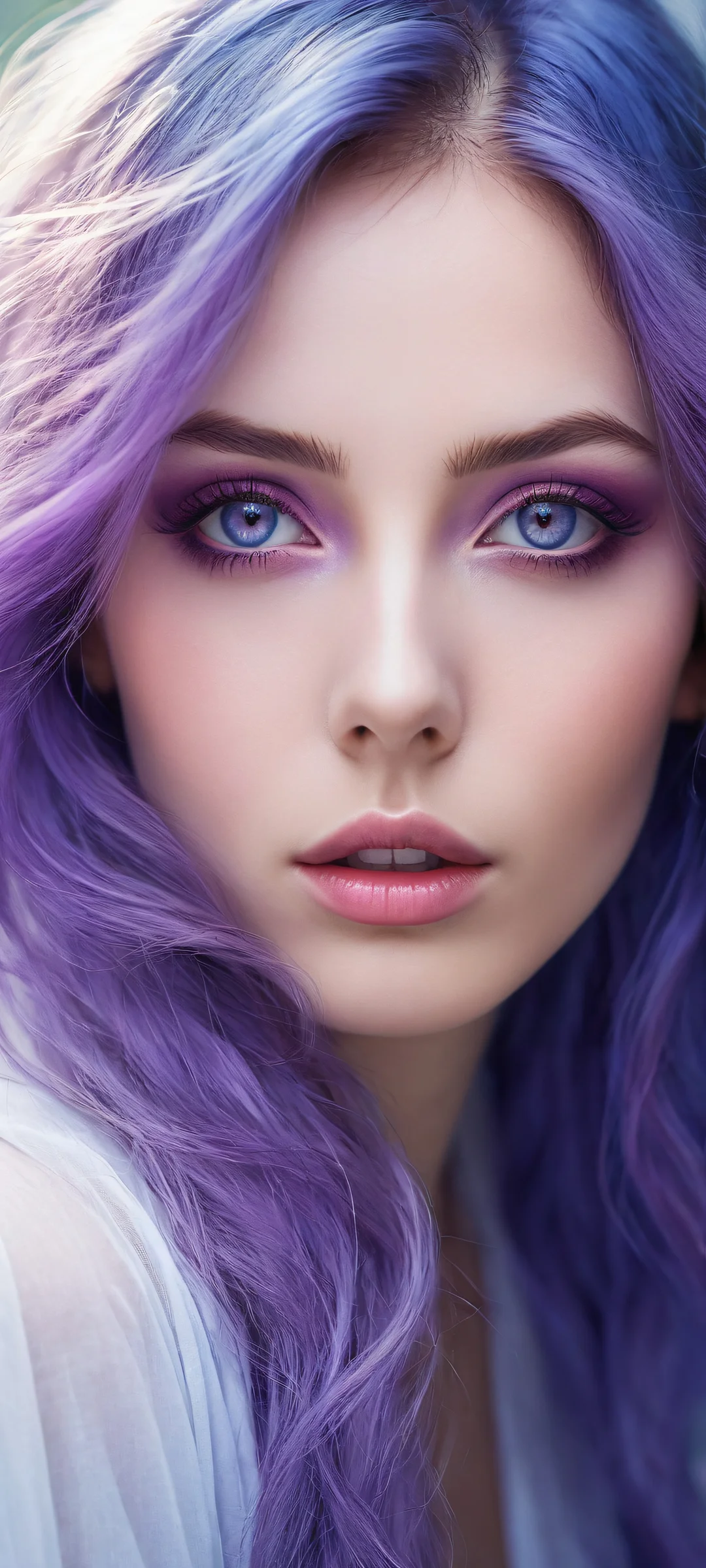 A mystical maiden with piercing purple eyes and flowing hair, perfectly optimized for iPhone/Android home screens.