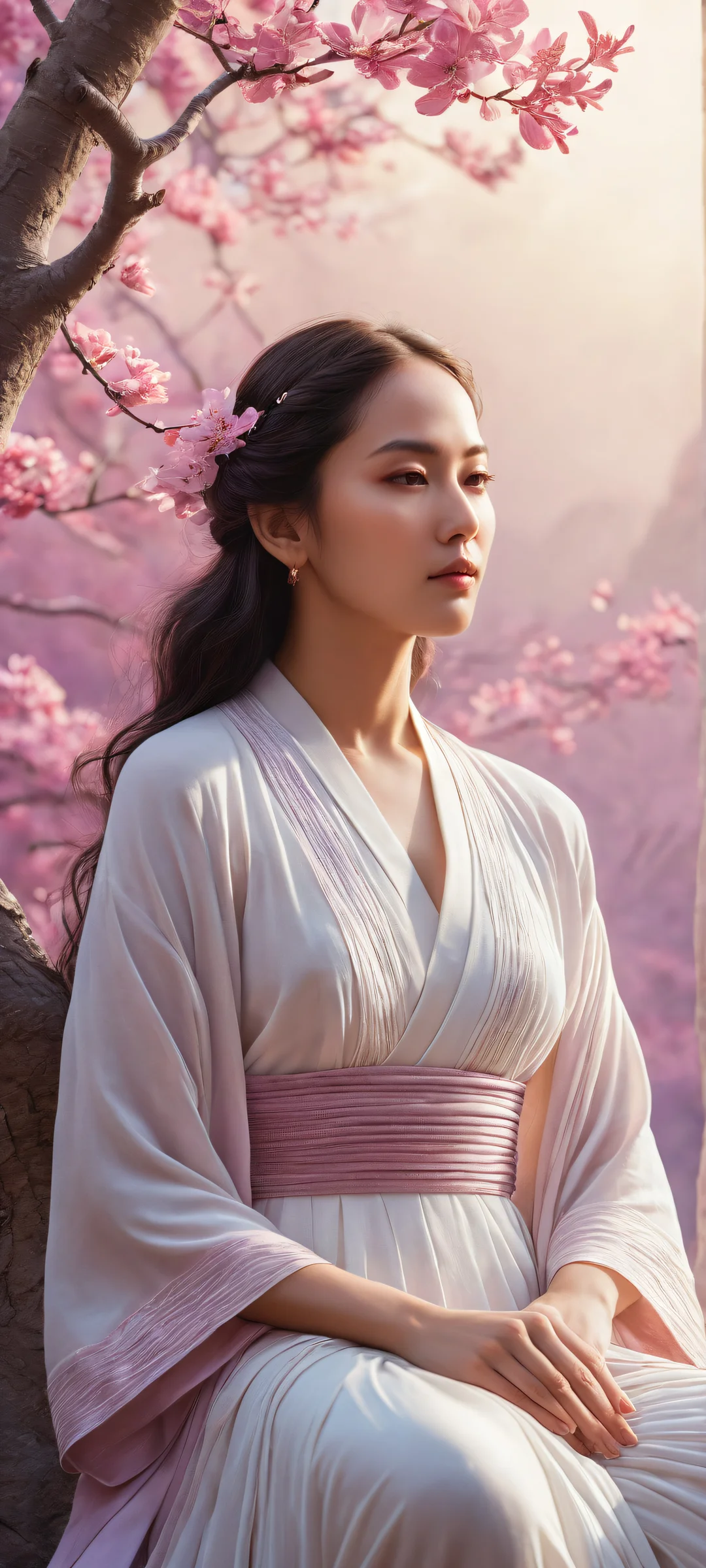 iPhone/Android compatible wallpaper featuring a serene maiden in a seiza-styled setting with intricate details. Perfectly optimized for iPhone, Samsung Galaxy, and Android home screens.