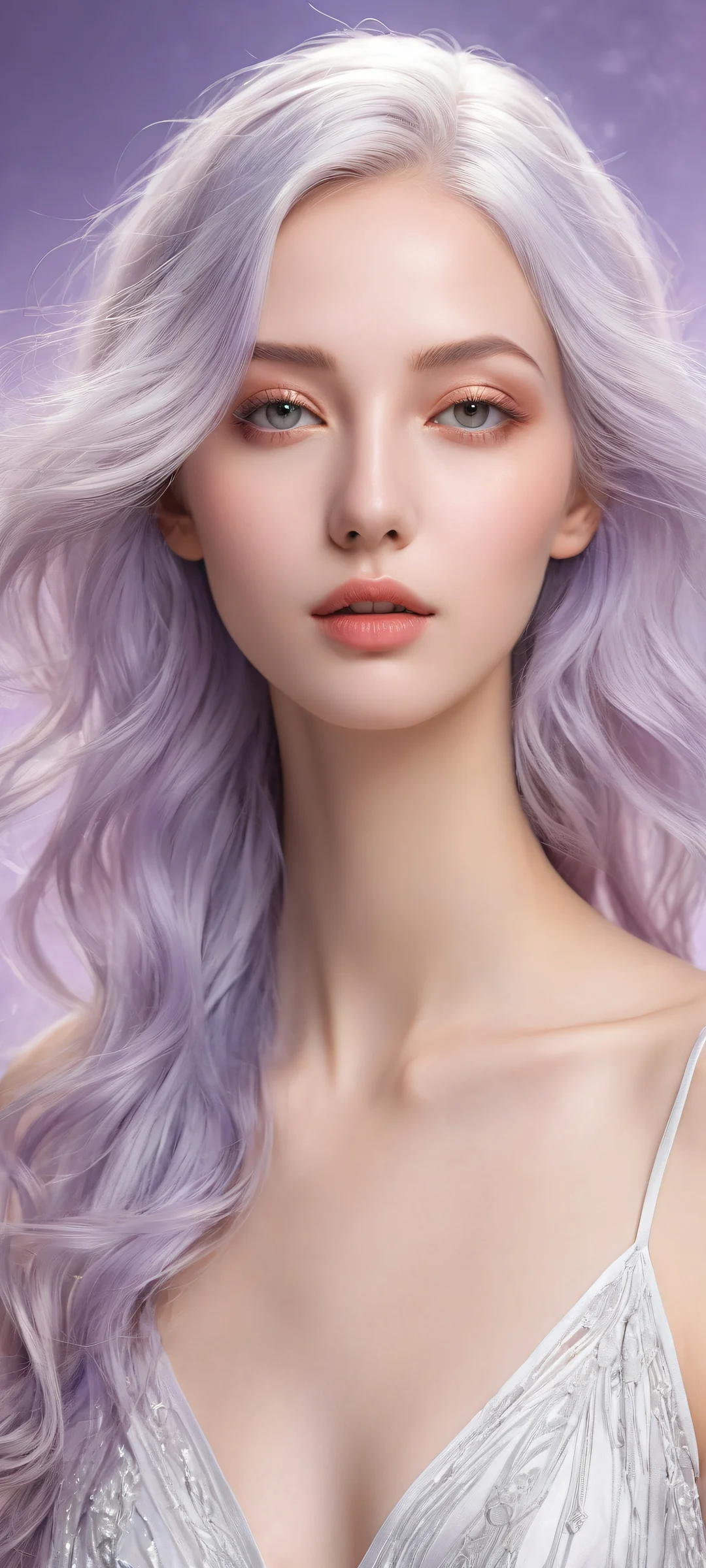 A mystical maiden with refined features stands out against a pure void background, her two-tone silver and lavender hair flowing like a celestial veil. Perfect for iPhone/Android home screens.