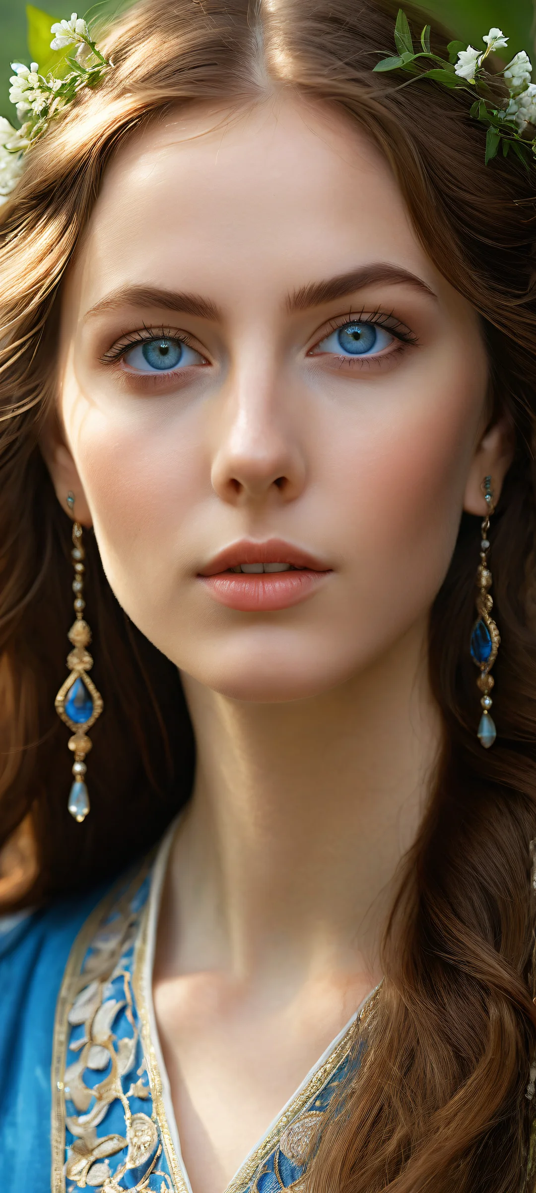 A beautiful maiden with brown hair and blue eyes sits in a lush forest environment, perfectly optimized for iPhone and Android home screens.